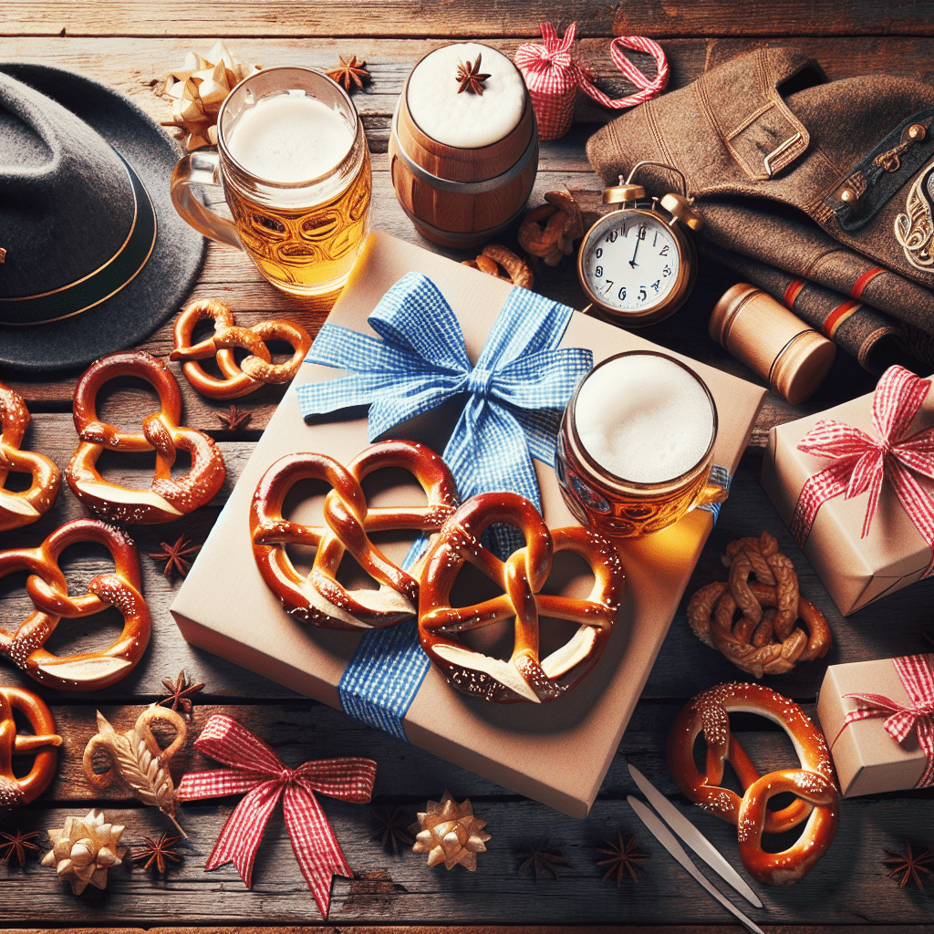 Translate, without text, the spirit of Oktoberfest into an article image. Visualize traditional German elements such as pretzels, beer steins, lederhosen, and Alpine hats, arranged artfully in a composition that suggests gift-giving, perhaps with ribbons or gift boxes. Neatly arrange these objects on a rustic wooden table, evoking the lively tradition of Oktoberfest, minus the crowds. Again, ensure no brand names visible.