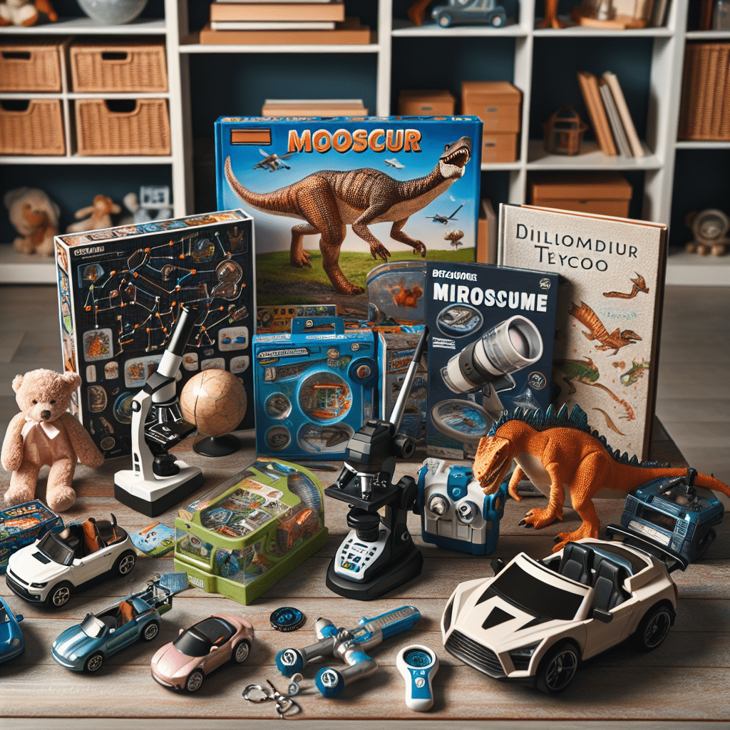 A display of various, age-appropriate gifts suitable for 9-year-old boys. The scene includes a mix of engaging and educational items: an intricate puzzle, a beginner's microscope set, a remote-controlled car, a dinosaur model kit, a children's telescope, and a collection of storybooks that cover a variety of genres and topics. All toys are shown without any identifiable branding or logos. The emphasis of the scene should be on the range of visually appealing, stimulating, and developmentally suitable items.