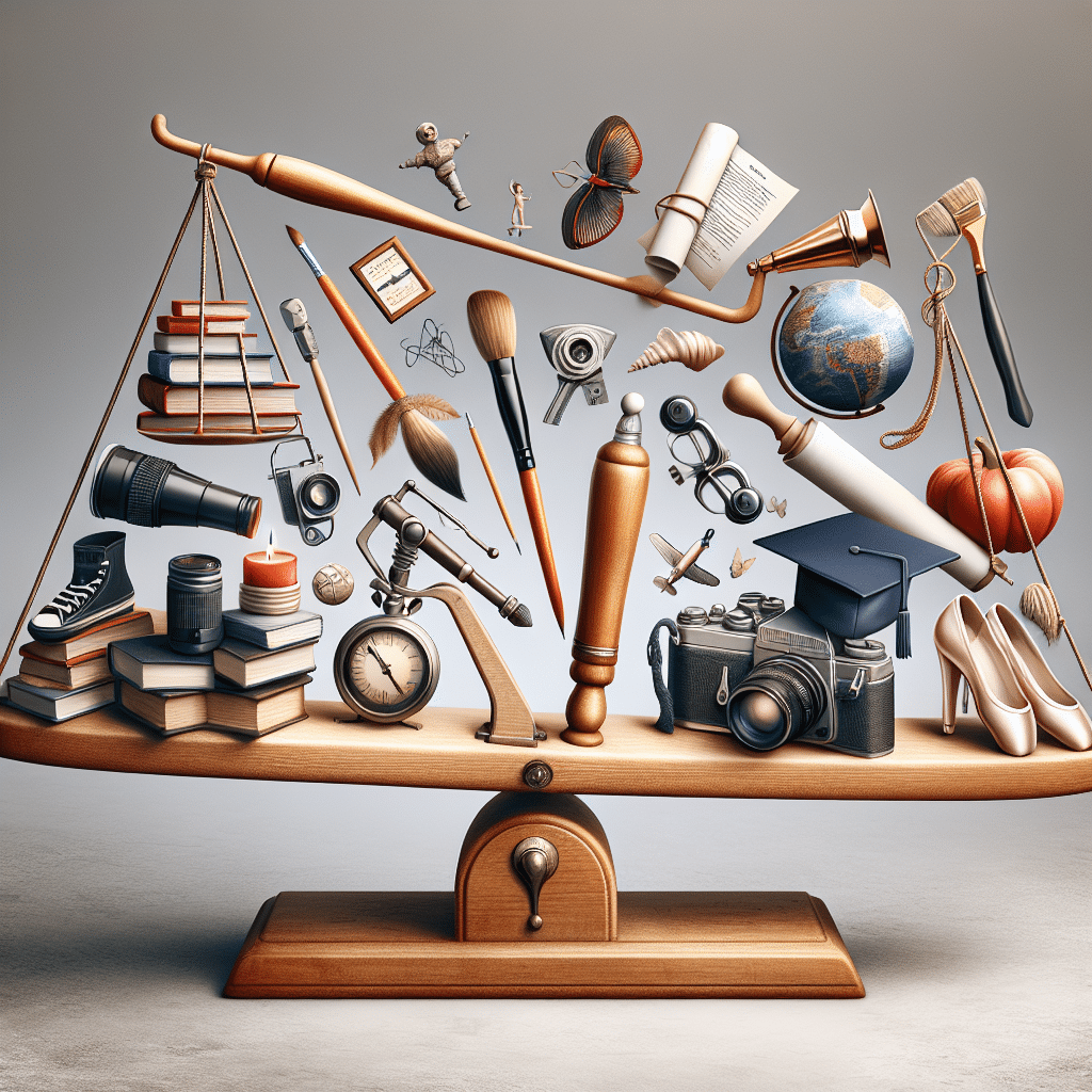 Create an image that represents the concept of balance between entertainment and future aspirations as gifts for young people. Depict various objects such as educational books, a small telescope indicating an interest in science or space exploration, a paintbrush to symbolize creativity, a vintage camera to represent photography interest, and a pair of ballet shoes for art. Include a diploma and a small globe to indicate travel or global awareness. All items should be arranged on a seesaw to symbolize balance, placed on a calm, neutral background. No text, people, brand names or logos should be in the image.