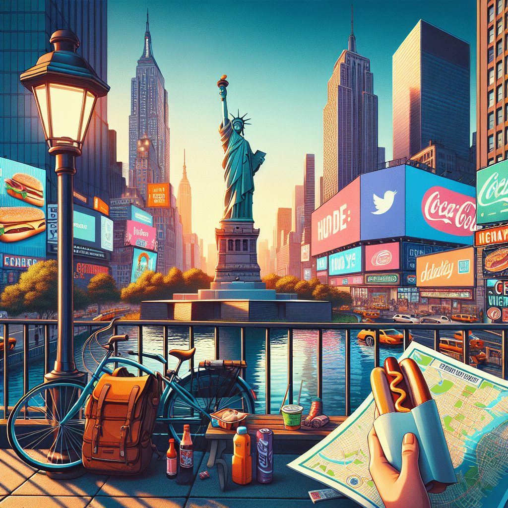 An image that reflects budget travel in New York City without featuring any people, brand names or logos. The scene includes iconic landmarks like the Statue of Liberty, Central Park, Times Square with its digital billboards turned off to avoid any brands. The perspective is from the eyes of a tourist carrying a generic, unbranded paper map and noticing inexpensive street food like a hot dog stand. Include subtle elements such as a bicycle leaned against a city lamp post, hinting at an affordable mode of transportation, and sunset casting long shadows implying that the exploration is free and unlimited by time.