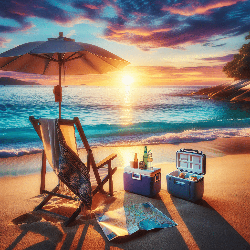 An idyllic scene of a beautiful, serene beach during sunset. Gentle waves are lapping against the shore of this unblemished coastline. A simple, cost-effective beach chair and umbrella, signifying budget vacation, occupy a tranquil spot on the sandy beach. A cooler box filled with affordable, yet tasty food and beverages sits next to the chair. A map of attractive, yet inexpensive tourist spots in a flask also found its place besides the chair. The setting sun throwing vibrant hues across the sky, casting a dreamy glow over the tranquil sea.