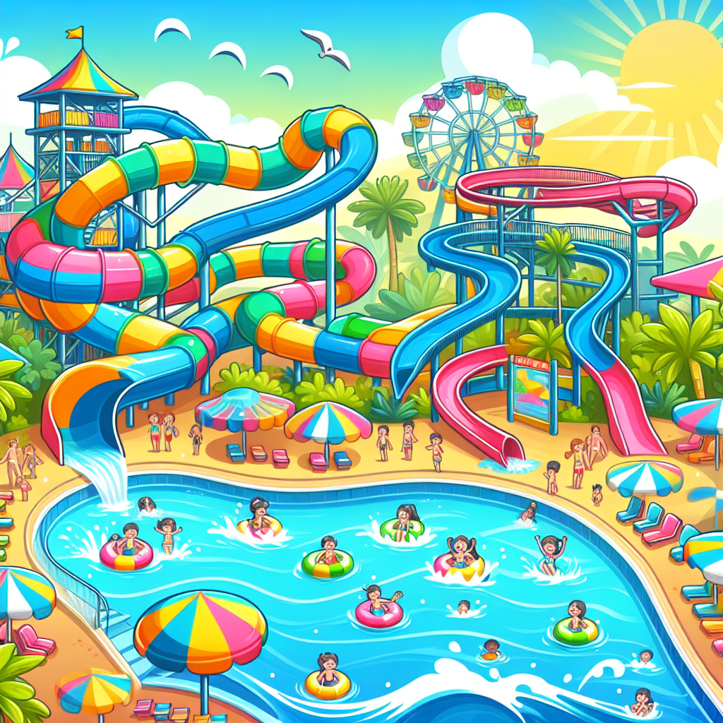 Illustrate a vibrant, family-friendly water theme park filled with various attractions - swirling water slides, a lazy river, a wave pool, and numerous kids' zones. Depict upbeat color schemes and a sunny atmosphere to imply a joyful day out. Ensure there are no people represented on the image and devoid of any text, brand names or logos.
