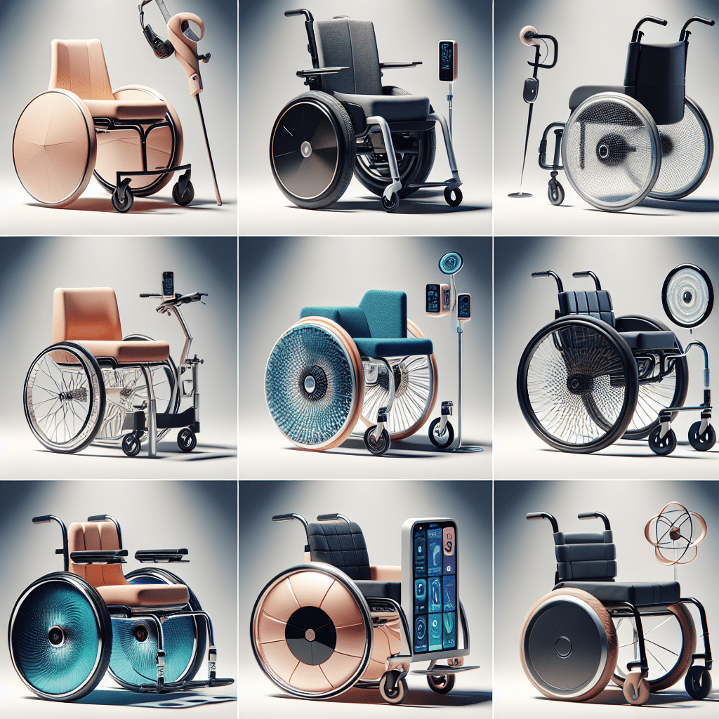 Showcase an array of uniquely designed innovative wheelchairs, each having distinct advancements for enhanced mobility. They should all vary in design to encompass a wide range of assistive features. Some could have larger, robust wheels for easier outdoor navigation, while others could have a compact design for efficient indoor movement. There should also be one with sophisticated technology such as automated navigation systems. Each wheelchair should be placed in an environment that shows best its usability, like parks, sidewalks, and indoor spaces. No people, brand names or logos within these images.