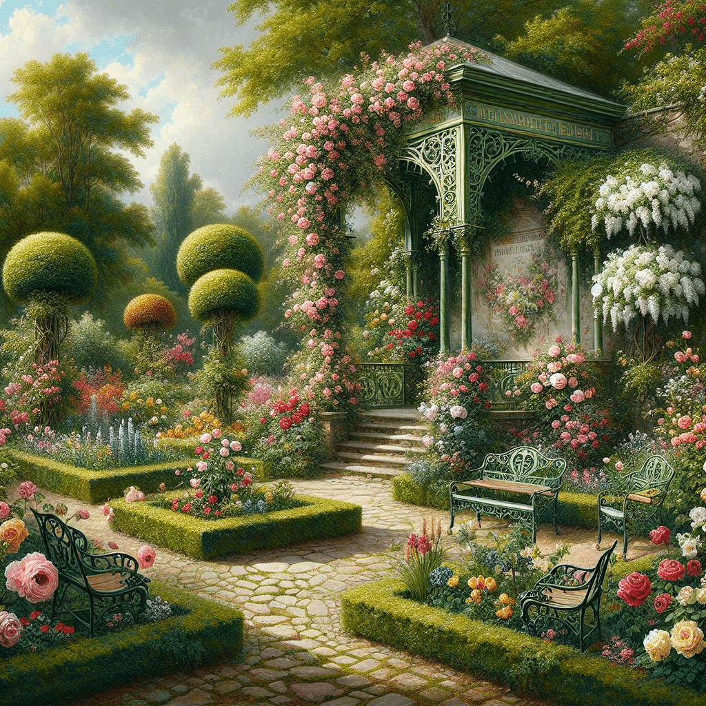 A serene and lush garden during the Victorian era. It gushes with vibrant flowers such as roses, lilies, and tulips of diverse colors, punctuated by lush green topiary designs and ivy-covered stone walls. There are iron-wrought benches scattered at pleasing intervals, surrounded by cobblestone pathways meandering through the foliage. An ornate, but unbranded, gazebo, painted in a light cream color, stands majestically in the middle, encased in climbing roses. The image should give off a tranquil, budget-friendly aura, emphasizing the charm of personal gardening without the need for high-cost maintenance.