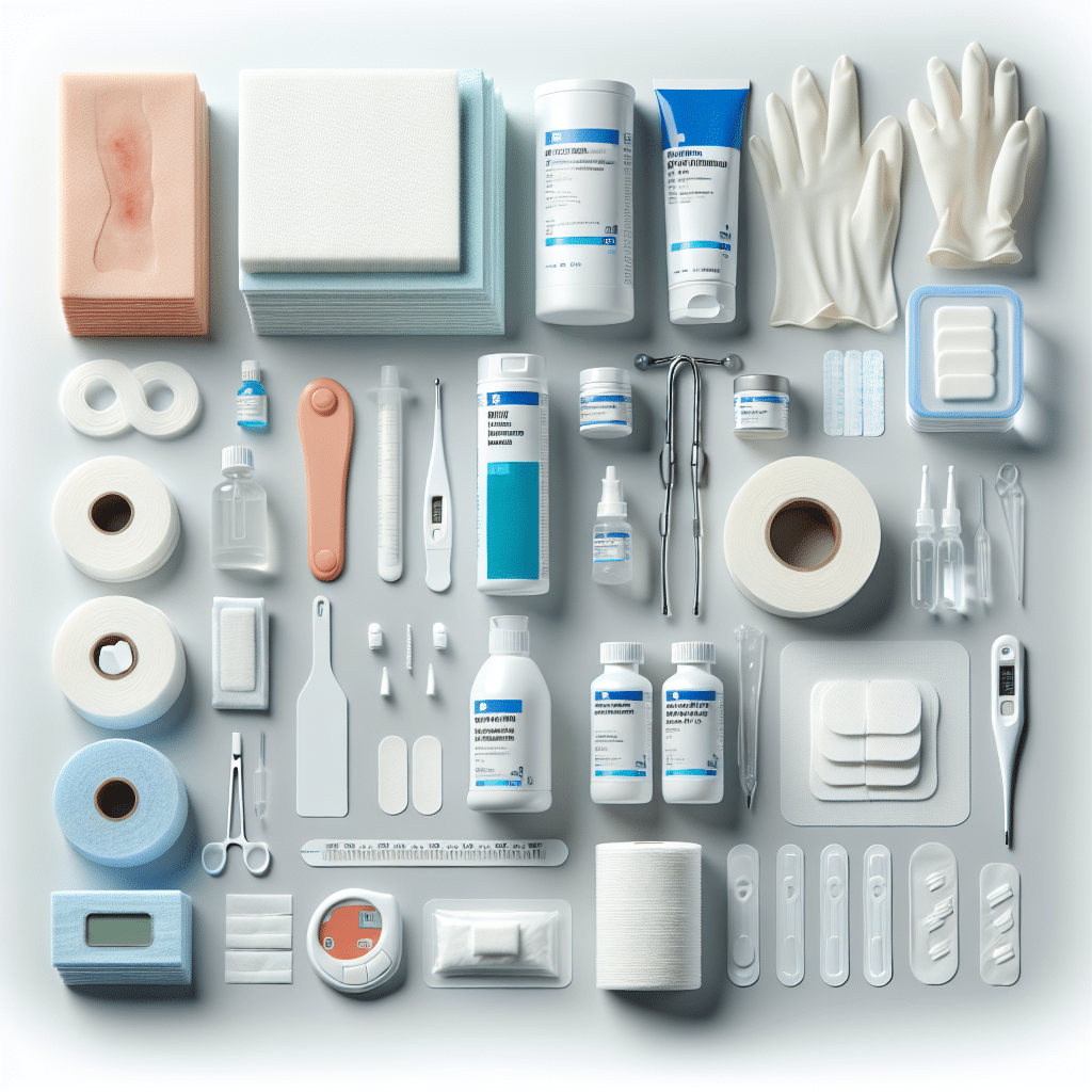 An assortment of medical supplies commonly used for wound care in diabetic ulcers cases. The items can include objects like sterile gauze pads, saline solution, adhesive strips, latex gloves, antibiotic ointment tubes, and a digital thermometer. Everything should be presented neatly against a white background, providing a minimalist and clinical appearance. The items are specifically arranged for easy identification, without any logos or manufacturers' branding. Note that humans and text are not included in this image.