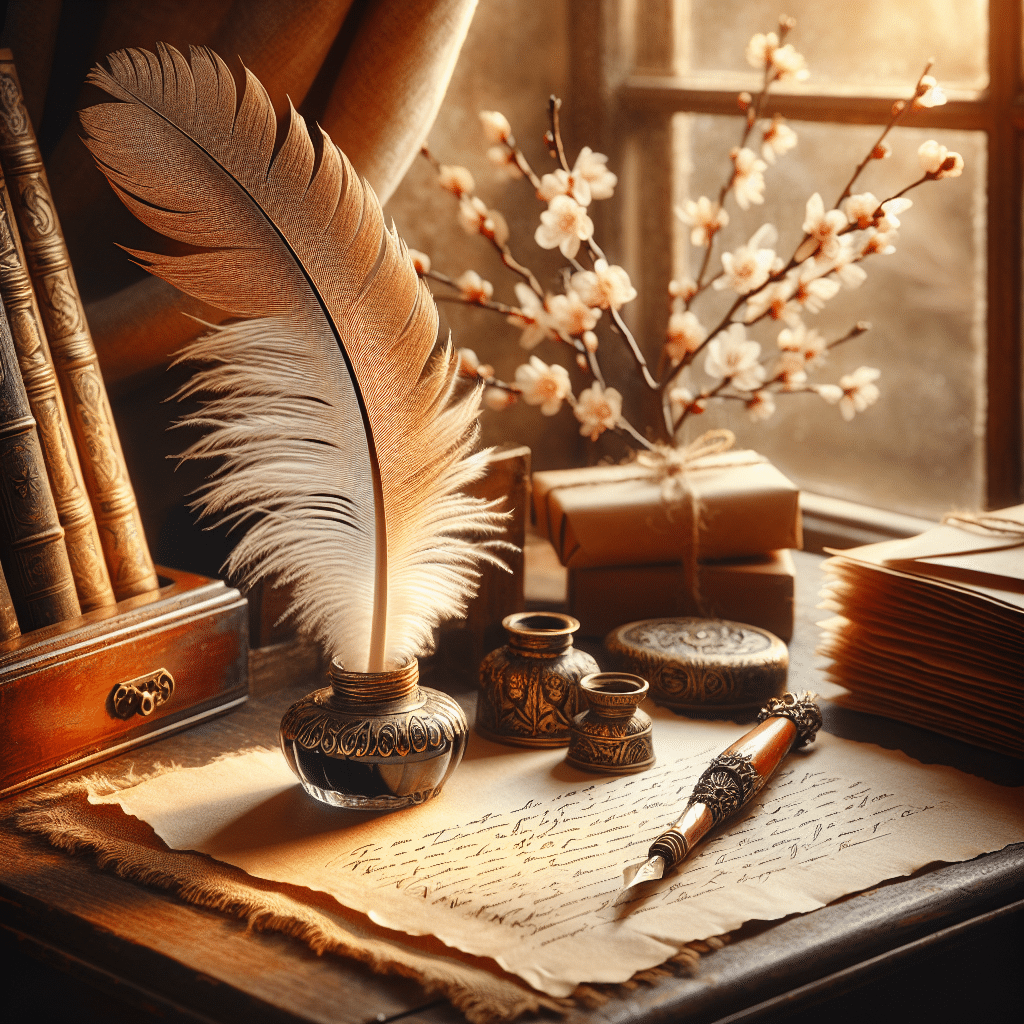 An elegant vintage styled desk, bathed in warm cozy light, with an ornate feather quill set in an ink pot, resting alongside a scroll of parchment. Influences of the romantic period show in the subtle detail of the setting. There's also a stack of sealed envelopes nearby, giving a hint of poems ready for their recipients. In the backdrop, there's an open window with a just-blossomed cherry tree visible, symbolizing the gifting and renewal inherent in this beautiful gesture.