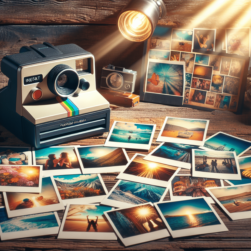 A beautiful scene: a retro-style instant camera with classic design elements, similar to Polaroid cameras of the past without mentioning the brand, lies on an aged wooden table. Bright light filters in from the background illuminating a collection of instant photographs fanned out on the table, each display various precious moments such as a laughter-filled beach day, a snowy mountain hike, a golden sunset, and a vibrant cityscape. There are no people visible in the photographs or in the scene. This vivid arrangement invokes the sentiment of capturing memories as gifts.
