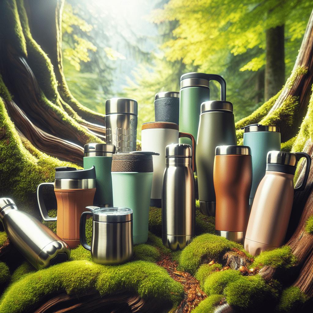 Visualize a collective display of various insulated travel mugs. Set the scene outdoors, like in a lush forest clearing. Have a few mugs resting on a mossy rock, while others lean against gnarled tree trunks. Show some mugs with their lids off, revealing steaming beverages inside. Include unique details like stainless steel construction, double-wall insulation, and ergonomic handles. Reflect the diversity in color and design but omit brand names and logos. Make sure no humans or text are present. All in a bright, cheerful daylight setting.