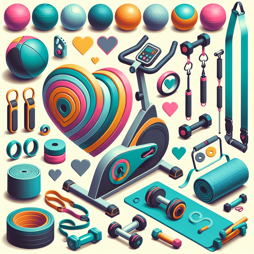 An array of assorted low-impact fitness equipment designed for cardiovascular support. Featured items include a stationary bike with a comfortable seat, tension bands of varying resistances, lightweight dumbbells, a pilates ring, a yoga mat, a foam roller, and an exercise ball. The colors of the items are mixed, giving a lively and motivational aura. Also, there are several heart-shaped stickers scattered among the items symbolizing heart health. No text or people are present in the image. For further symbolism, the equipment is loosely arranged to form the shape of a heart.