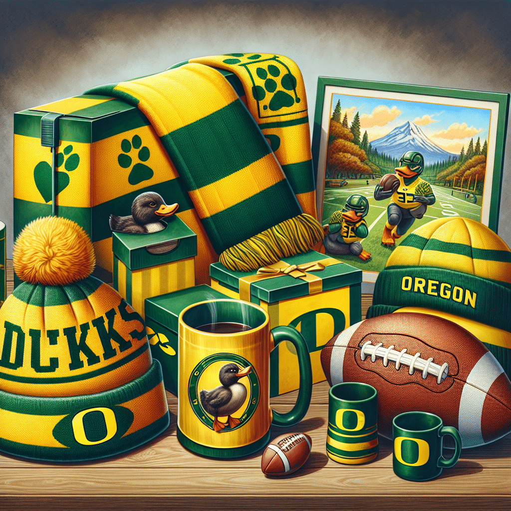 An assortment of gift ideas for a passionate fan of the Oregon Ducks, featuring a variety of themed items, but without any people in the image. Display a bright yellow and green scarf, a robust coffee mug with duck footprints, a warm hat in the same color scheme, a football, and some decorative wall art representing the territory of Oregon, all in the theme of the Oregon Ducks, but without any brand names, logos or text.
