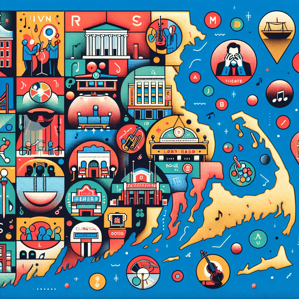An illustrative map of Rhode Island dappled with symbolic icons each representing a genre of live entertainment. There are circled areas interchangeably representing a bustling jazz club, a lively theater, a vibrant rock music venue, a serene classical concert hall, and a hilarious comedy club. The icons are contemporary in design and there are no people, texts, brand names or their logos. The overall style is colorful, lively and entertaining but not overloaded.