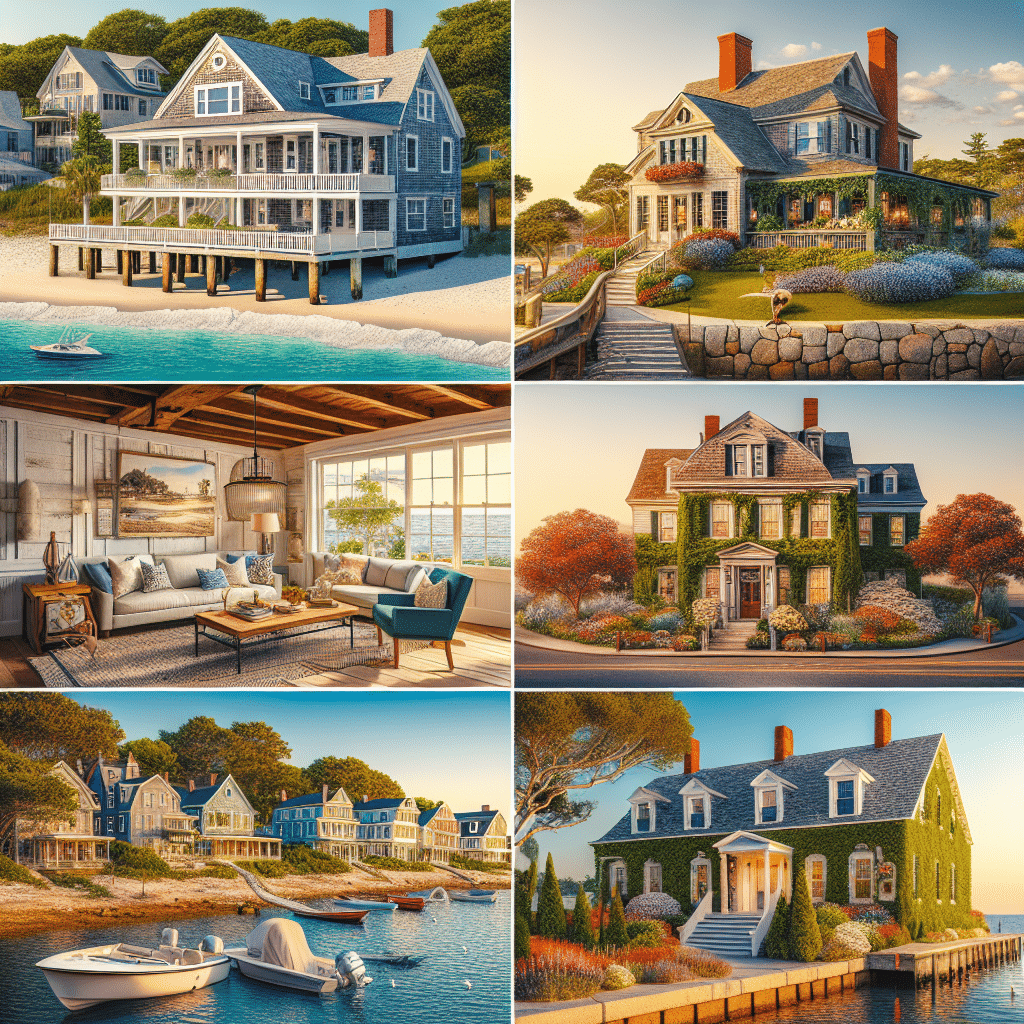 Visualize a collection of inviting and highly rated Bed & Breakfast (B&B) establishments located in Rhode Island. These should include a variety of exteriors representing coastal, rural, and urban settings. Please include picturesque aspects like a quaint beach house with a wrap-around porch, a rustic countryside farmhouse with a sprawling lawn, and a charming brownstone townhouse nestled within city confines. Ensure no identifiable logos, brand names, or people are depicted anywhere in the images. In the arrangements, remember to exclude any text or lettering on items like signs or building fronts.