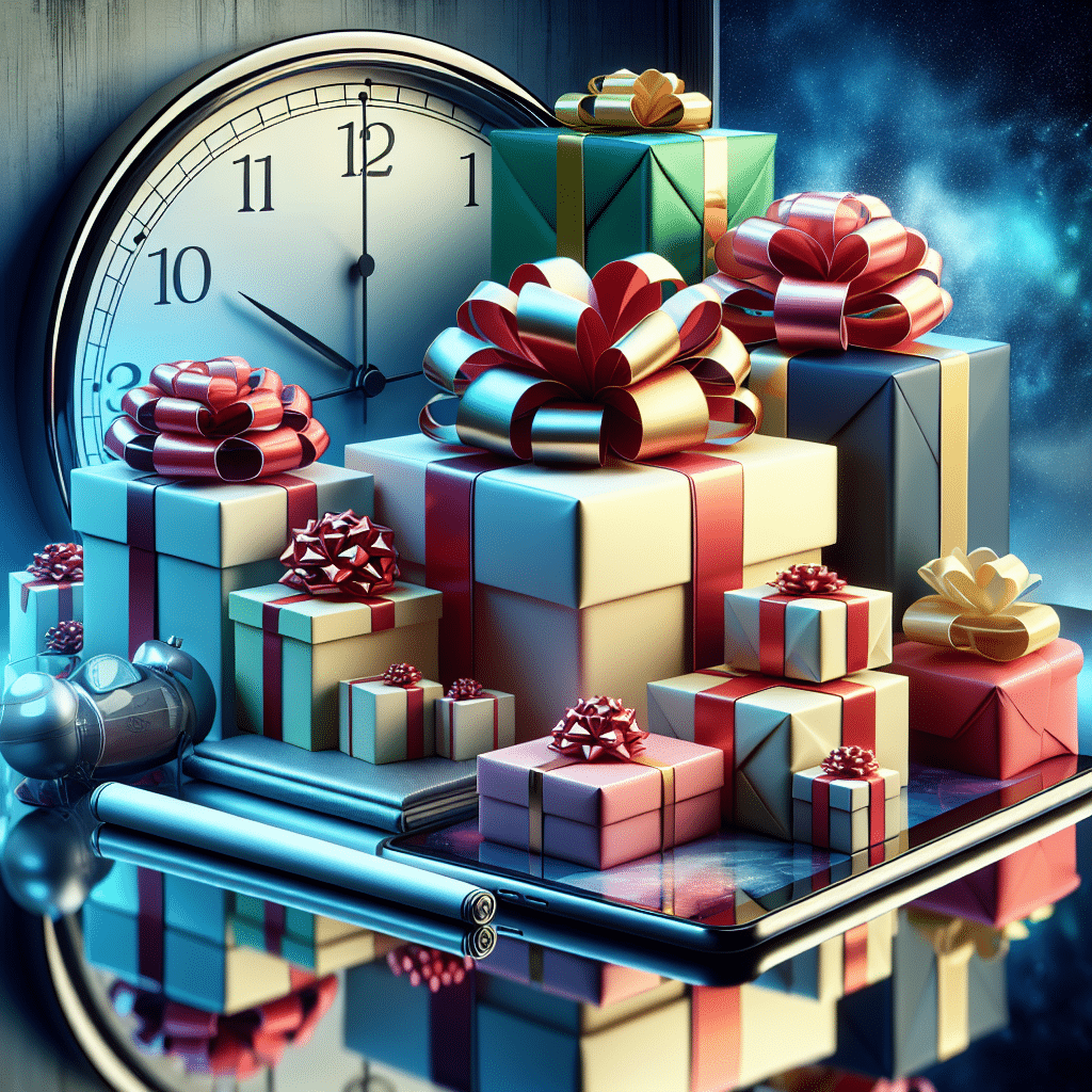 Visualize an image perfectly illustrating the concept of 'Last-Minute Gift'. Include a variety of generic gifts wrapped beautifully in bright and festive colors. Choose objects such as a gift box with a big bow, a small jewelry box, a book sealed with a ribbon, and perhaps a piece of technology like a modern smartphone or tablet without brand logo or name. All are laid out on a glass table with reflections beneath, in front of a clock showing almost midnight to indicate the last-minute concept. Do not feature any humans in this scene.