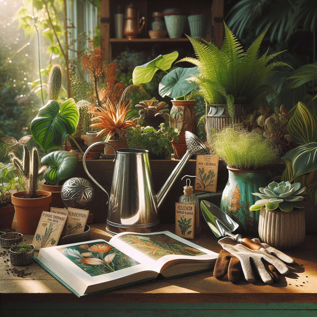 A vibrant collection of gardening items bathed in soft, natural sunlight. Imagine a beautiful wooden table adorned with a variety of lush houseplants, diverse in their shapes and colours. Among these are a silver watering can with an elegant, curved spout and a set of robust, comfortable gardening gloves. Next to these is a stylish, soft-bound book about botany, its cover filled with meticulous botanical illustrations. Carefully selected heirloom seeds in charming packets are spread out, promising future growth. The overall atmosphere is peaceful and inviting, perfect for any gardening enthusiast.