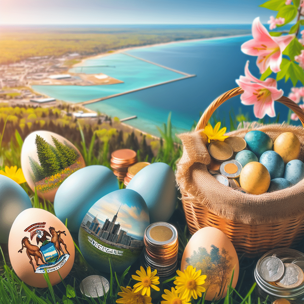 An Easter-themed image capturing the essence of Michigan while reflecting a sense of cost-effectiveness. It includes elements like beautifully decorated yet humble Easter eggs nestled in the grass, a basket filled with modest goodies, and a backdrop of the expansive Great Lakes under a sunny sky. The image focuses on capturing the natural beauty of Michigan, with local flowers blooming nearby, and does not include any text or human figures.