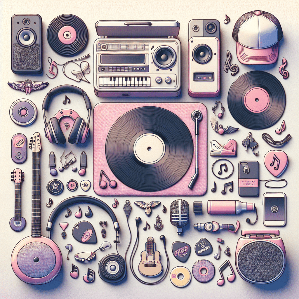 An array of generic merchandise suitable for music fans, including vinyl records, music player, headphones, musical notes themed accessories, guitar picks, and merchandise like t-shirts, hats, bracelets, keychains, and posters. Everything is arranged in a pleasing way symbolizing the spirit of pop and country music, with subtle colors of pastels, pinks and purples. No people or text is included in the image.