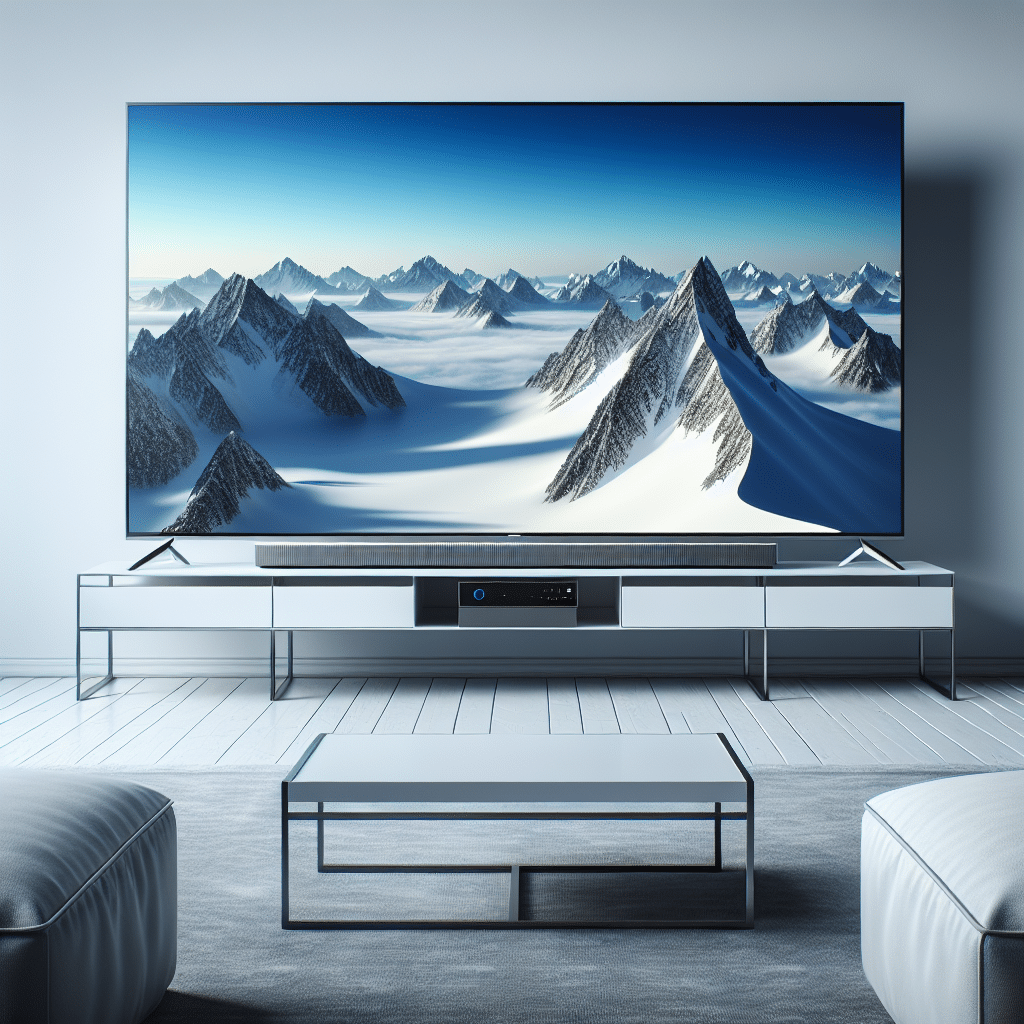 A depiction of an expansive, gracefully designed modern television taking center stage in a clean, minimalist living environment. The screen displays a captivating 4k-resolution video of majestic mountains under a clear blue sky. Details like the ultra-thin bezel and stand symbolize a top-tier product. No referring symbols or text present on the TV or surroundings.