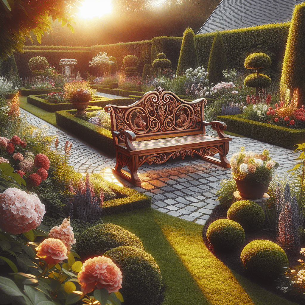 A meticulously designed elegant garden bathed in the soft glow of the afternoon sun. At the very heart of the garden, there is a well-crafted wooden bench constructed with a captivating design that exudes sophistication. It is surrounded by well-manicured shrubs and beautiful blooming flowers, an assortment of colors and types that add a sense of tranquility. Everything around the bench, including an attractive garden path of cobblestones leading up to it, contributes to highlighting its detailed workmanship. The overall scene is inviting and serene, a representation of outdoor elegance at its finest.