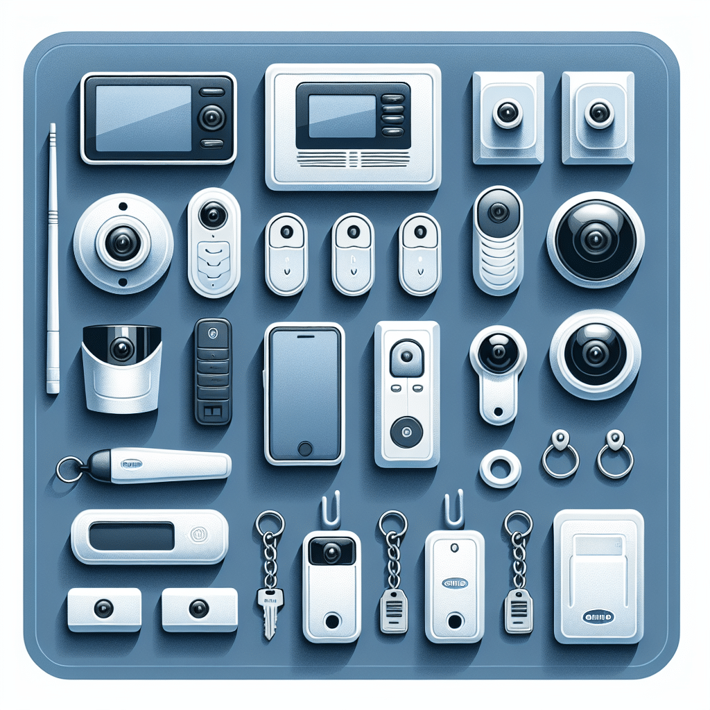 An illustration showcasing the various components of a generic wireless home security system. The system includes eight key parts: a central control panel, a pair of door or window sensors, an indoor security camera, a motion sensor, a keychain remote, a siren, and a branded yard sign. The pieces should be arrayed harmoniously, leaving a feeling of comprehensive home safety. Each element scaled correctly to size and positioned to emphasize its role within the entire setup. Usage of subtle, welcoming color palette to evoke feelings of safety and comfort. No brand names, logos, or human figures are present.