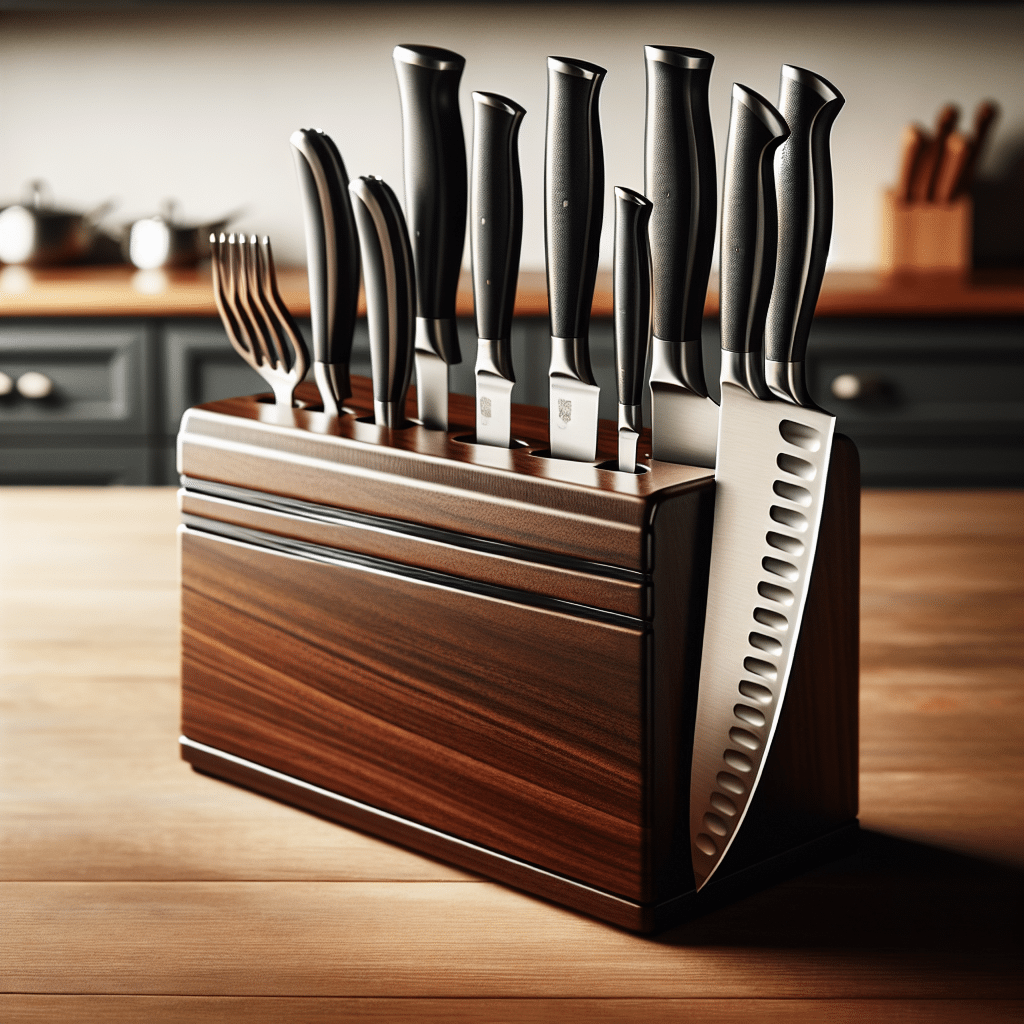 A 6-piece knife block set placed neatly on a polished wooden kitchen counter. The set includes a wide variety of knives, each with different shapes and sizes catering to specific tasks in the culinary world. Imagine a slim knife block of dark wood, gracefully fashioned with slots for each knife. The knives themselves feature elegantly designed handles, and their blades gleam, displaying complexities of culinary tools. This high-quality knife set supports a sense of culinary excellence, without displaying any brand names or logos, and without any people present in the image.