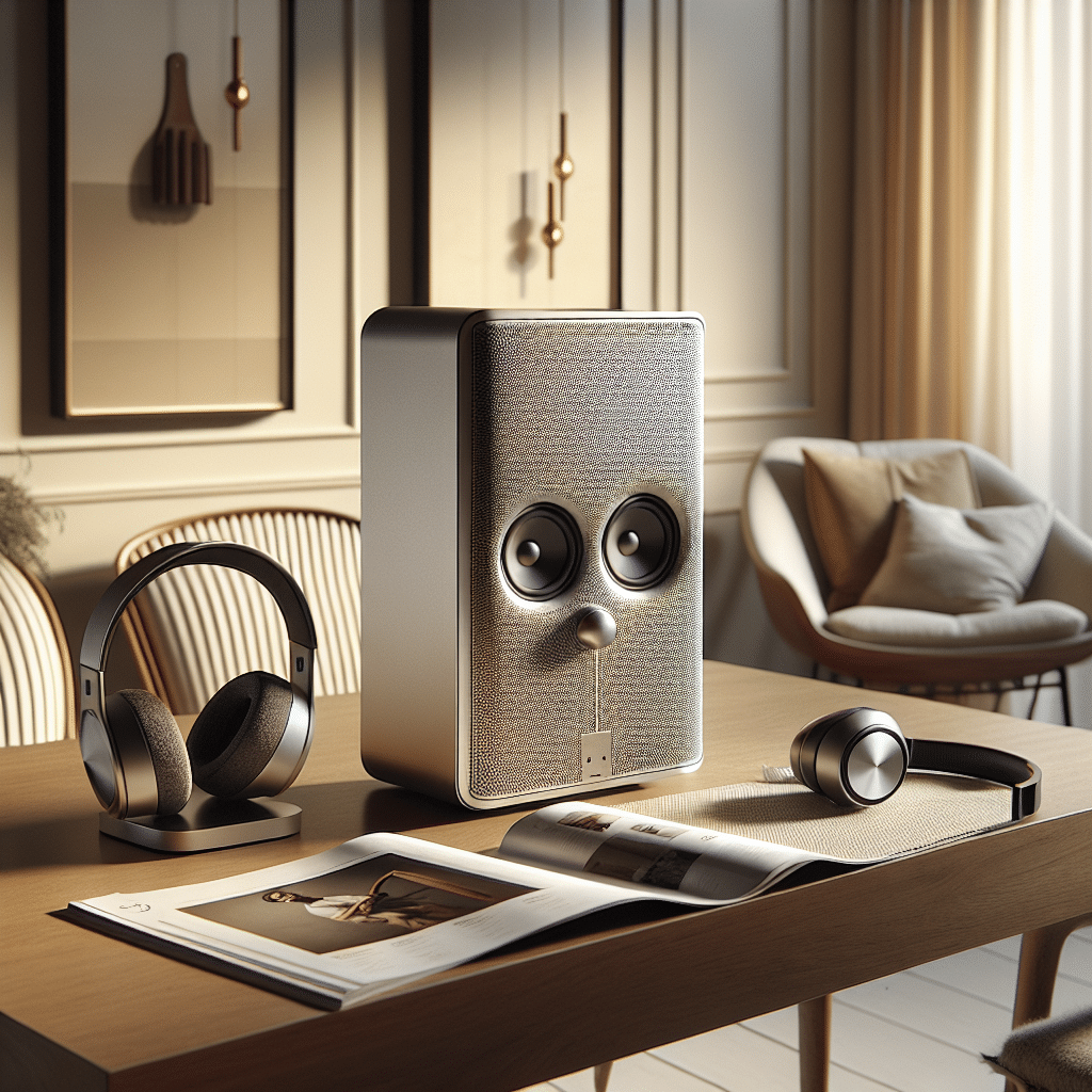 An elegant, modern home setting with a neutral color scheme. In the center of the scene, on a sleek wooden table, there's a high-quality, state-of-the-art home speaker featuring an aluminum body and two facing speakers that project stereo sound outwards for an enveloping sound experience. The speaker also showcases a thin, elongated window that appears to be a display of some sort. On the table, also place an opened music magazine and a pair of black, fashionable headphones. The room and speaker are bathed in warm, inviting light, emphasizing the serene and cozy atmosphere.