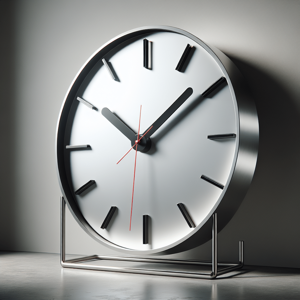 A large wall clock with contemporary design is displayed in great detail, highlighting its simplicity and elegance. The style is modern and minimalistic, featuring a round, gleaming silver frame, with a stark white clock face devoid of numbers, and sleek, bold black hand markers. The unique second hand is a vibrant red that sweeps across the clock unimpeded, adding a pop of color. This clock exudes sophistication and acts as a functional piece of art for any room. No brand names, logos, or people are visible in this scene.