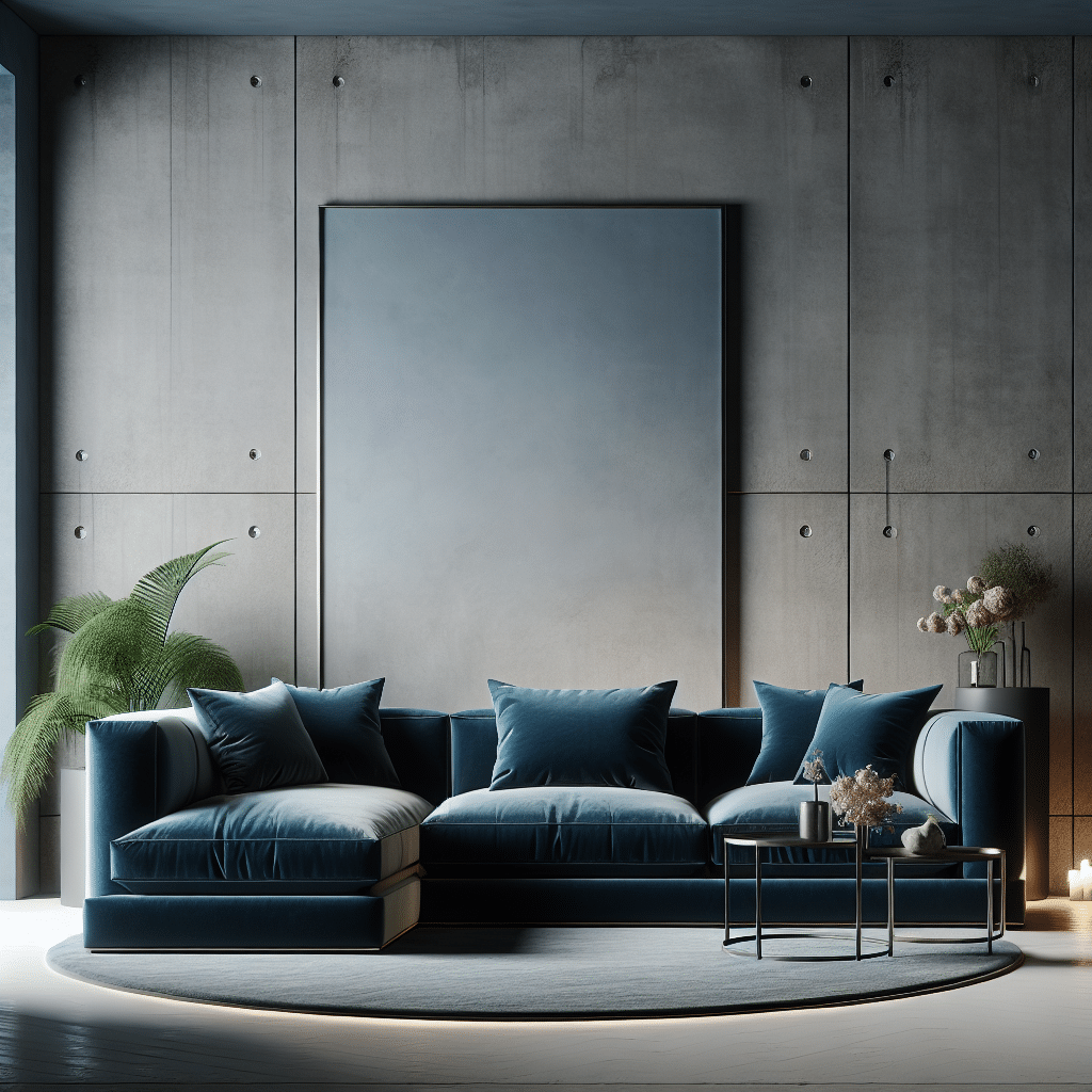 Imagine an elegant, city-style living room setting that epitomizes sophistication and modern design. The centerpiece of the scene is a two-piece corner sofa, luxuriously upholstered in a rich blue velvet material. This stylish piece of furniture has a sleek, contemporary design, reflecting its clean-lined, mid-century influences. The sofa is presented against a concrete wall, with soft, ambient light adding to the overall urban chic aesthetic. Placed around the room, you can find artfully arranged houseplants and minimalistic décor, but no people, brand names, or logos are visible.