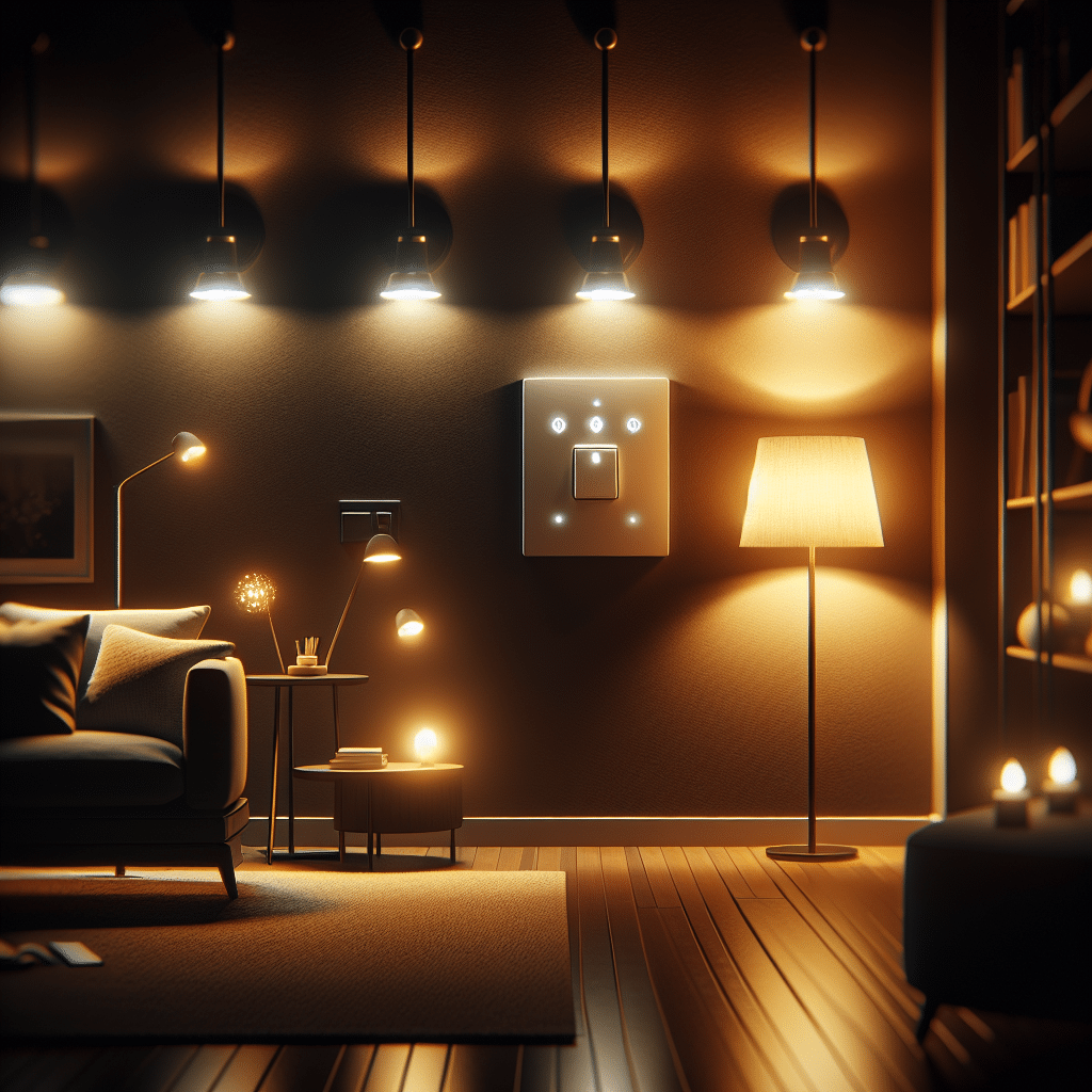 A dimly lit room that emanates a warm and inviting ambiance, showcasing the use of wireless smart lighting. The main focus is the wall-mounted dimmer switch with its elegant, simple design but without any brand names or logos. Various light sources like a floor lamp, ceiling light, and possibly a desk lamp adjust their illumination levels demonstrating different moods and atmospheres. No people are present in the scene. The image captures the concept of 'smart lighting', its flexibility and impact on home interior aesthetics, without any text labels or brand-specific details.
