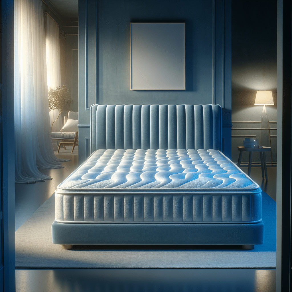 An elegant and comfortable looking mattress nestled in a peaceful setting, perhaps hinting at evening. The mattress is plush, appearing almost ocean-like in color with an azure-blue tint. Surroundings are a tastefully-designed room; indirect lighting gently spills in, illuminating the mattress, evoking a sense of calm and restfulness. No human figures are present, just the silent room save for the composed mattress that stands as the focus. The overall colors are soothing and tranquil, emphasizing the comfiness and tranquillity of a good night's sleep. Absolutely no text, brand names, logos, or recognizable symbols are visible.