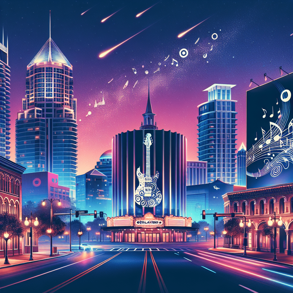A vibrant nighttime view of Orlando city, with iconic architectural structures in the background. The skyline is illuminated and the atmosphere is bustling. There are advertisements without text, showcasing abstract designs or musical symbols, indicating places for live music. The atmosphere evokes energy and passion for music. A guitar design on one of the buildings subtly hints at the music scene. No people, brand names, or logos are present.