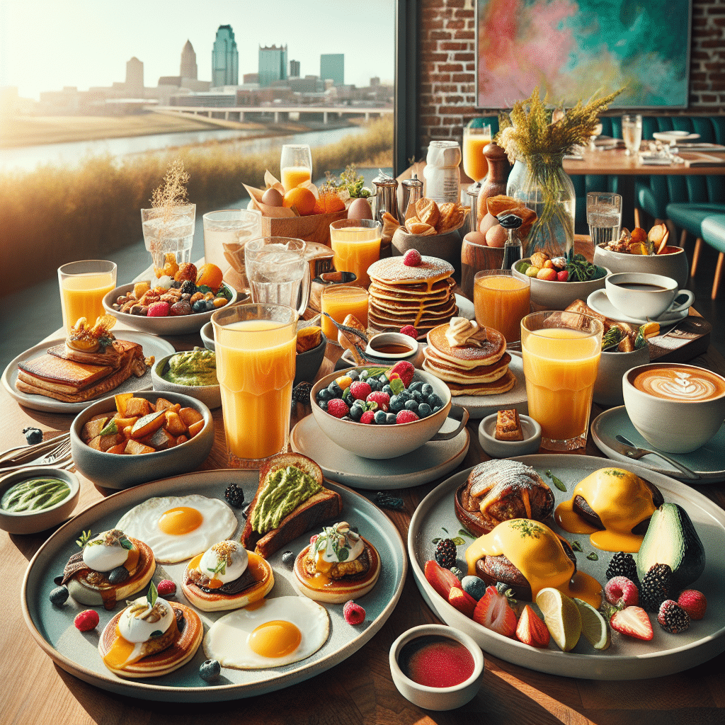 A collection of delectable meals commonly served for brunch, tastefully arranged so as to evoke a vibrant, warm weekend morning with no people in sight. The breakfast dishes include an assorted medley of items such as fluffy pancakes drizzled with syrup, eggs benedict garnished with fresh herbs, a hearty avocado toast, fresh mixed berries, and a variety of pastries. On the side, there's a large glass of freshly squeezed orange juice and a cup of piping hot coffee, perfectly steaming. There are no brand names or logos visible, nor is there text on any of the items, including packaging. The setting is a casual yet upscale dining space, with modern rustic decor, filled with soft, morning sunlight and a view of Kansas City in the background.