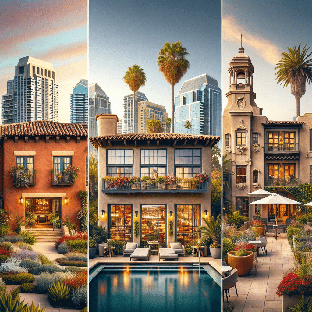 A picturesque image of three boutique hotels in San Diego, each exuding their own unique charm. The first is a Spanish-style adobe structure with warm terracotta walls and a tiled roof, surrounded by beautifully landscaped palm trees and colorful flowers. The second is a sleek, modern building with floor-to-ceiling windows that reflect the clear California sky, and a rooftop terrace overlooking the city. The third is a charming, old-world Victorian house with stunning architectural details, a wrap-around porch and a lush garden. All buildings are devoid of people to emphasize their architectural beauty and the serene environment. Remember, no text, brand names or logos are to be included in the image.