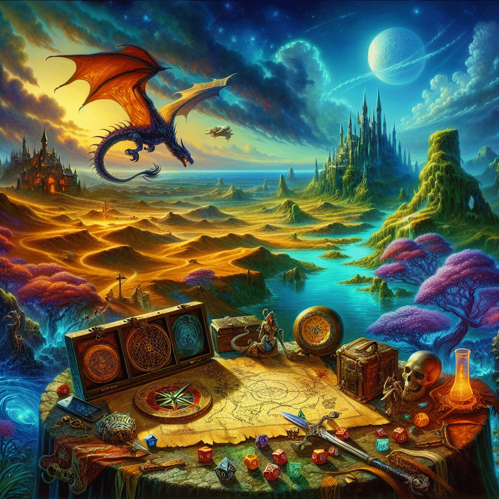 A mysterious, fantastical world with vibrant and exotic landscapes that stirs the imagination. There is an array of elements iconic to fantasy role-playing games: a map unfurled over a stone table strewn with various objects like compasses, dice, and intricate figurines; a magisterial, moss-covered castle rising proudly in the distance beyond an expansive body of water; and a dragon soaring in the azure sky. A spectral moon illuminates the twilight, casting ethereal glow on the lands below. Elfin trees with bioluminescent leaves sprint across undulating hills. All around, items of magic and legend lay waiting: an enchanted sword and shield, a potent potion in a crystal vial, and an ancient tome of arcane lore. Shadows hint at hidden paths, promising thrilling adventures and daring exploits in this world devoid of human presence but rich in enchantment and fantasy.