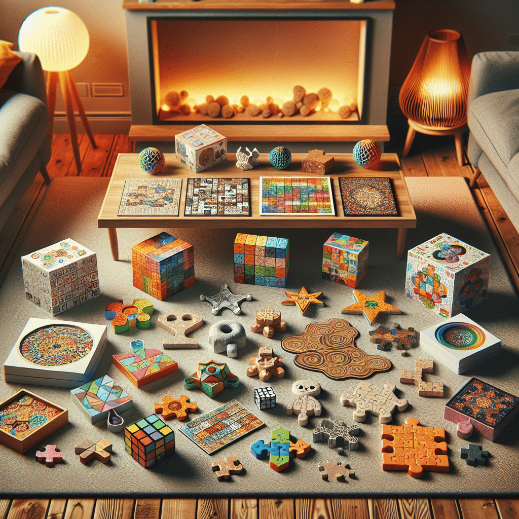 An assortment of bright and inviting puzzle games spread out in a cosy living room setting. Their designs suggest a tactile nature, fostering interaction. There are 3D puzzles, jigsaw puzzles, a Rubik's cube, and brain teasers placed on a coffee table and a plush rug on a wooden floor. A warm muted lamp on the side and a fireplace add to the ambience. These puzzle games imply family-friendly challenge and mind-engaging fun. There are no people included and no products are identifiable beyond their nature as puzzles, with no text, brand names or logos present.