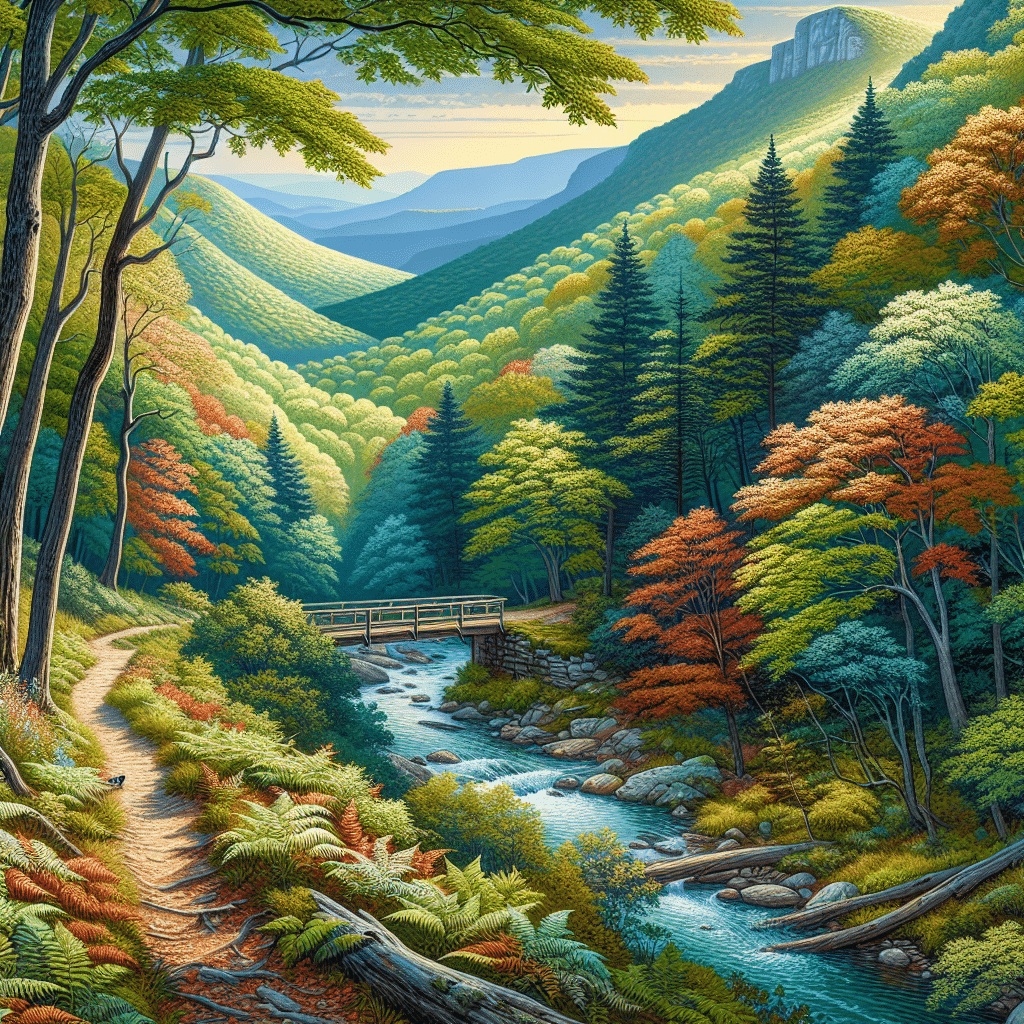 Illustrate a serene landscape showcasing the best hiking trails in Connecticut. The scene should evoke a sense of adventure and be rich in nature's bounty. Depict a winding trail leading through a dense forest of deciduous trees, their leaves displaying the vibrant colors of fall. The trail should veer up a hilly terrain towards a mountain range in the distance. Optionally, include details such as a pristinely flowing stream alongside the trail, a wooden bridge crossing it, and a variety of local birds and animals. Ensure to exclude any human presence, text, or brand names from the imagery.