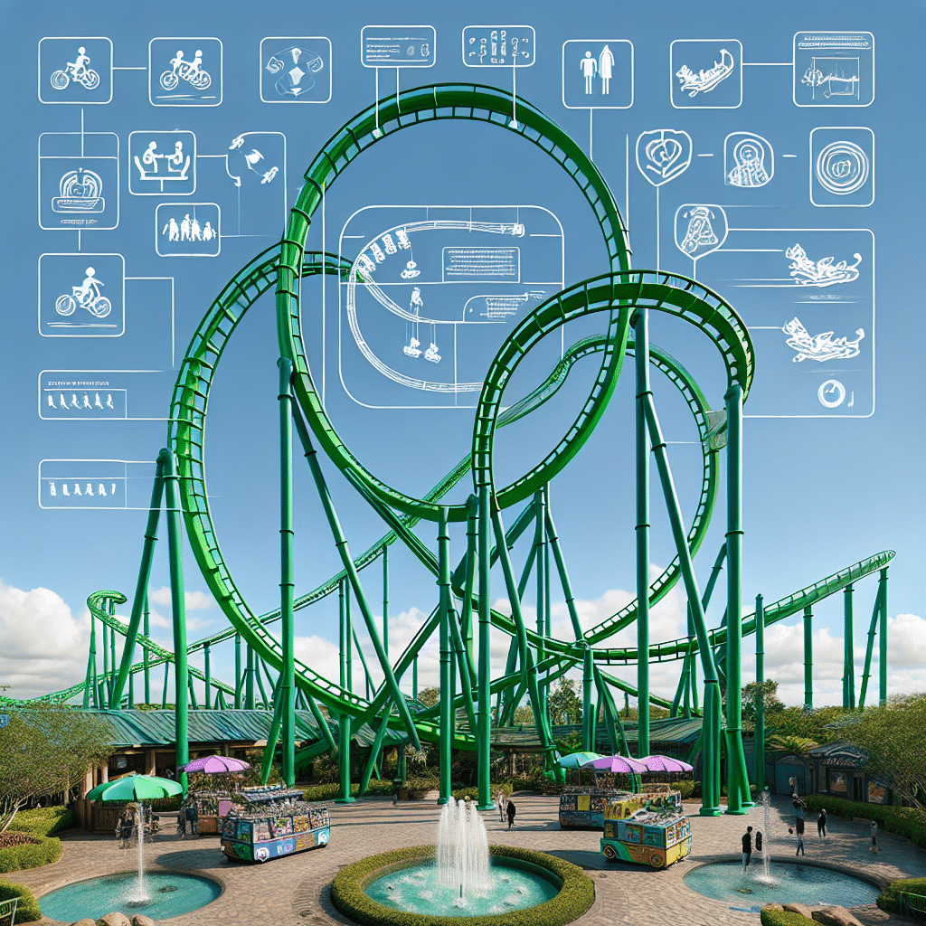An image showing a vibrant green roller coaster with an intricate system of loops and turns, soaring against the backdrop of a clear sky. Near the roller coaster, a series of diagrams are visible, subtly indicating proper safety procedures and riding techniques without explicitly using any text or brand names. The theme park atmosphere is captured with the presence of lush landscaping, water fountains and colorful vendor carts, all devoid of human presence. Notably, any potential logos or identifying markers on the roller coaster or its surrounding environment are carefully omitted.
