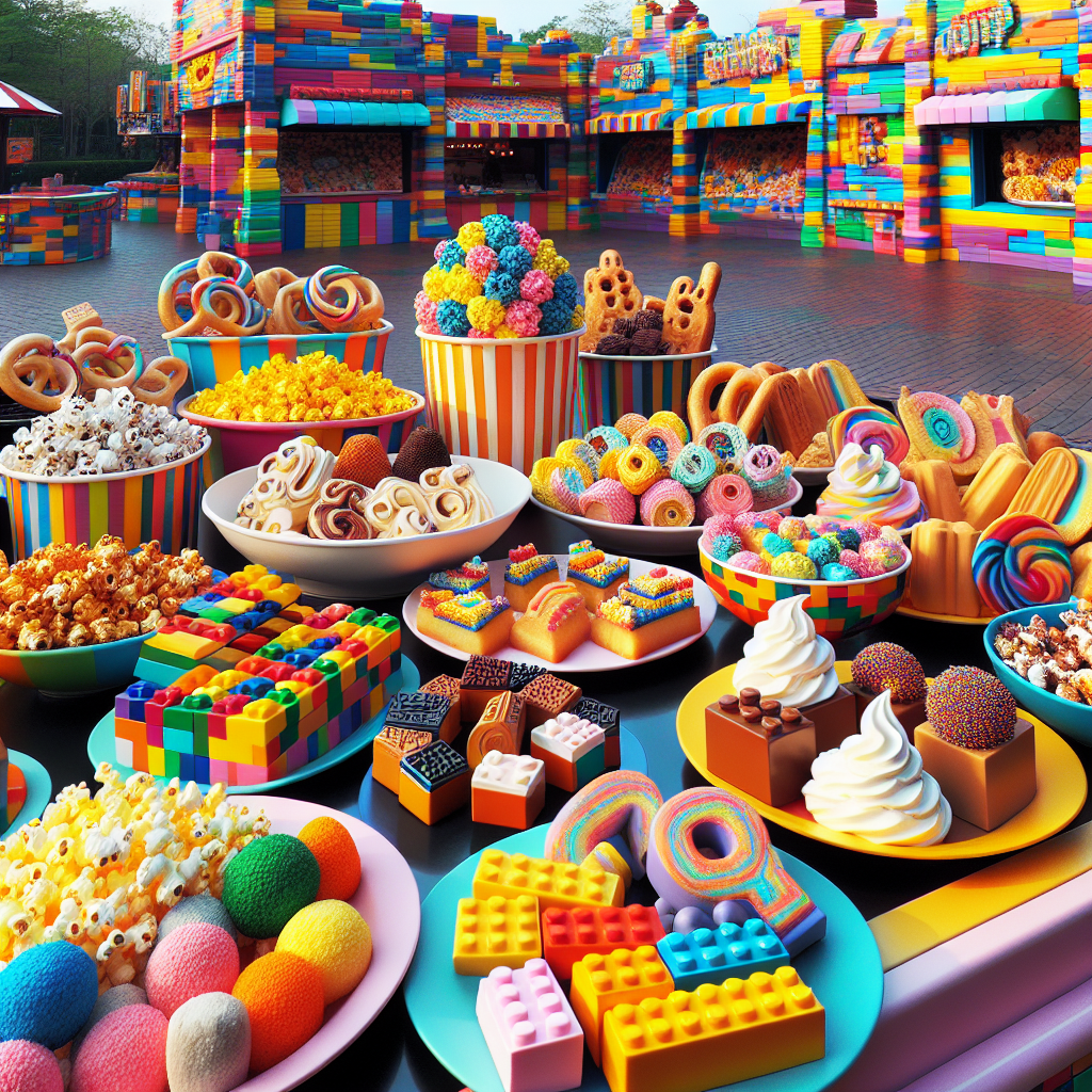 Illustrate an array of delectable snacks and treats on different, colorful, building block-themed plates and trays. Reflect the creative use of building blocks appearance in the formation of the food items. Following a theme park-like aesthetic, include food items like multicolored popcorn, unique-shaped pastries, and creatively sculpted ice creams. Display the vibrant aesthetics of the park by painting the background with a cheery daytime sky, colorful block trees, and buildings. It's a feast to the eyes, and it's visually clear that these are some treats not to miss while touring a general theme park dedicated to building blocks.