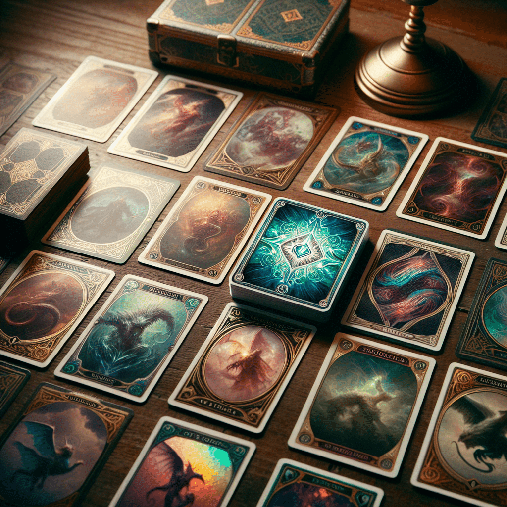 An image for an article about card rarity, without containing any text or people. The picture should depict an array of trading cards laid out on a table, with a distinguishing one in the center attracting attention with its lustrous and holographic quality, indicating its rarity. Each card should have unique, fictional artwork on it - focusing on mythical creatures, magic symbols, and design intricate borders, without any brand names or identifiable logos. The setting should be inviting, perhaps on an antique wooden table lit by the glow of a nearby vintage lamp.