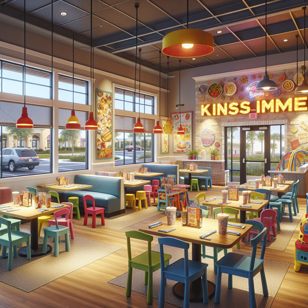 An inviting family-friendly restaurant scene in Kissimmee. Key elements include a large welcoming entrance, warm lighting, tables set with colorful, non-branded dishes and cups, chairs of different sizes to accommodate both adults and children. There's a specific area with fun, unbranded, age-appropriate indoor games. High chairs for young ones and a play area can be seen. The walls decorated with non-branded, colorful, and attractive food-themed artworks. Outside, a parking area for family-sized vehicles emphasizes the family-friendly atmosphere. All without people present in the scene.