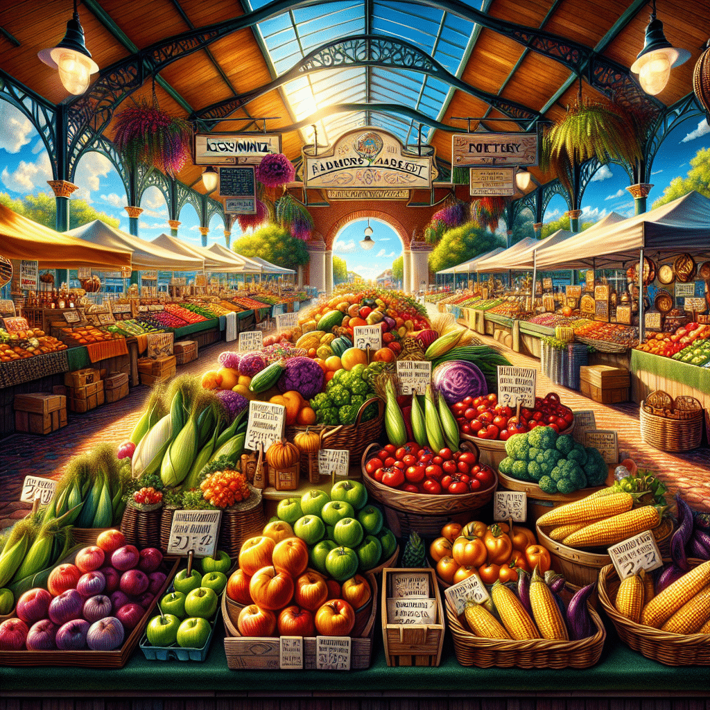 A bustling Farmers Market in the city of Kissimmee, devoid of people but still alive with color and energy. Display tables are lavishly adorned with a cornucopia of fresh, vibrant fruits and vegetables, ranging from emerald green apples to ruby red tomatoes, golden corn, and deep purple eggplants. Handcrafted local goods – pottery, woven baskets, and beeswax candles – are carefully arranged in another section. A row of quaint, text-less signs point towards different sections of the market. Above it all, a clear, brightly lit blue sky arches with a glorious sun casting warm light, accentuating the freshness of the produce.