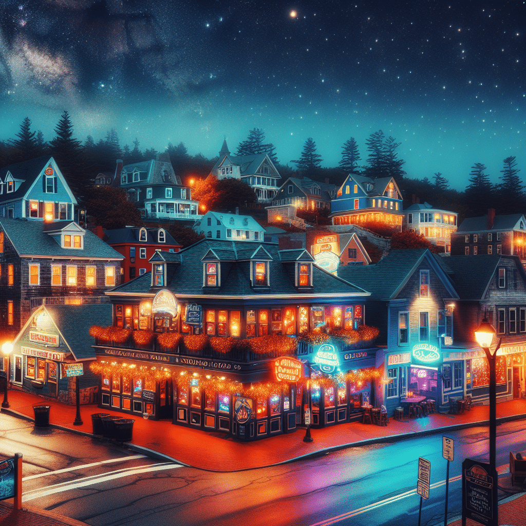 A scenic evening view of a coastal town, Bar Harbor, under the twinkling stars. A lively array of pubs and music venues dot the picturesque town's streets. The charming pubs are brimming with warm lights, offering a cozy and inviting ambiance. Neon-lit signs in front of venues promise vibrant live music, yet without revealing any specific names or brands. The cobblestone streets and charming architecture hint at the town's historical charm. In this vivid night scene, the absence of people accentuates the unique character and vibrancy of the town's nightlife itself.