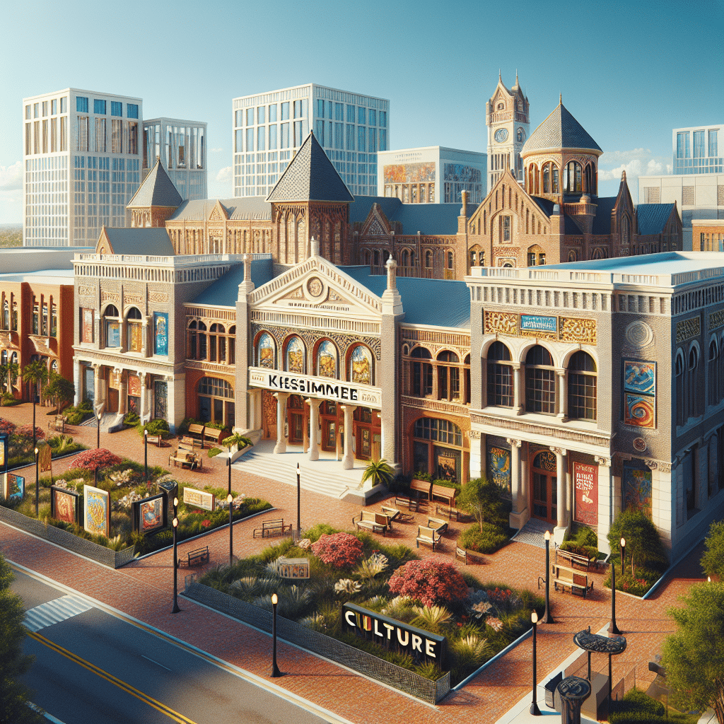 Visual representation of culture in Kissimmee through representation of museums and galleries, devoid of human presence. Emphasize the architectures, conveying the vibrant artistic environment within this community. The buildings should reflect a wide range of architectural styles, from traditional to contemporary, symbolizing the diversity of art and culture in the city. Displayed in broad daylight under a bright blue sky, the scene showcases an array of exterior details such as classic brick walls, modern steel structures, and intricate ornamental designs. Also, include verdant landscapes featuring greenery, flowers, and trees around these cultural spaces, enhancing the city's natural charm. Remember not to include any text or brand logos within the image.