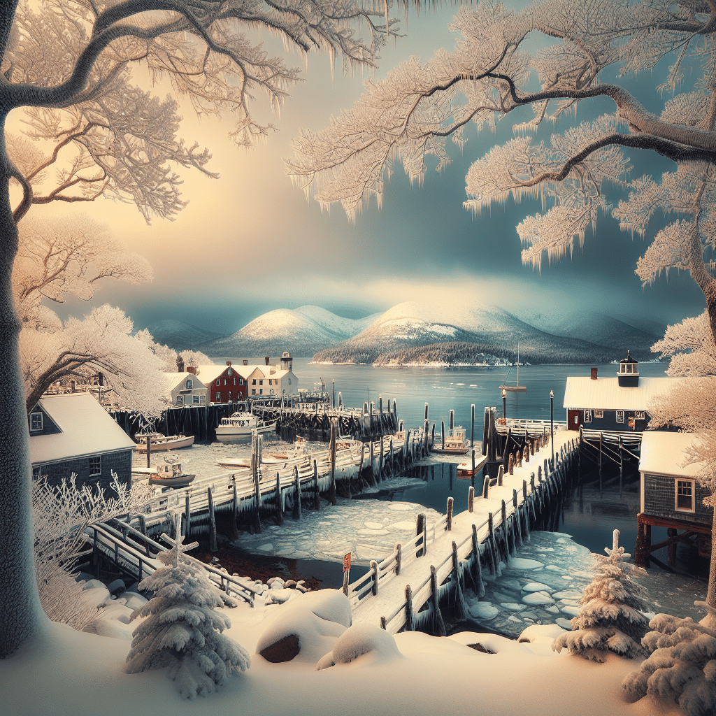 A wintery scene in Bar Harbor, devoid of any people or text. The serene landscape is characterized by majestic snow-capped mountains in the background, a dazzling frozen bay teeming with sea ice, and the rustic charm of wooden docks covered in powdery snow. Framing this scene are leafless deciduous trees, their branches sparkling with icicles. The glowing overcast sky heralds an impending snowfall. The foreground includes a well-trodden snowy path leading to the docks, lined with quaint, snow-dusted buildings, suggesting a quiet, peaceful town awaiting the flurry of winter. No brands or logos are included in this setting.