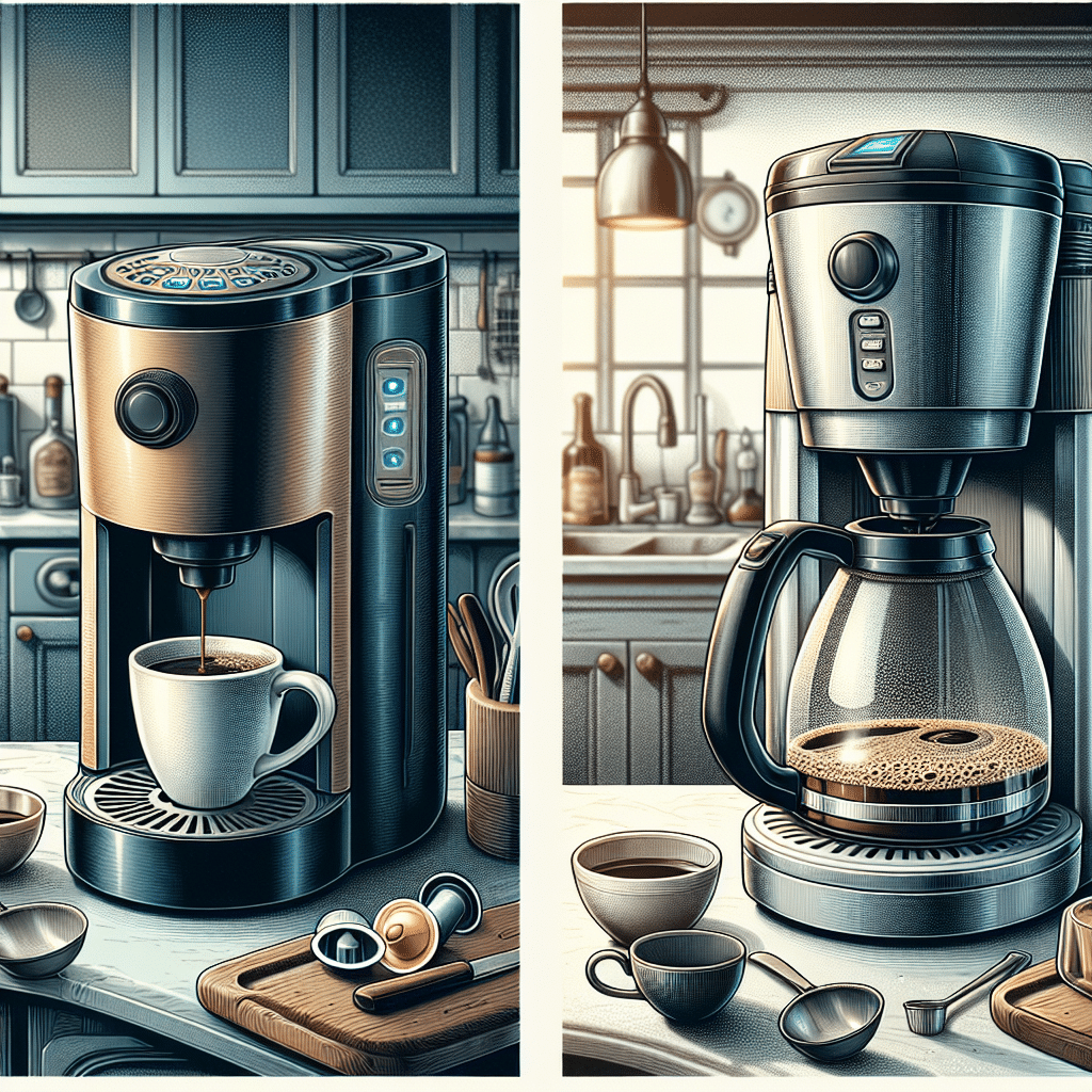 A detailed image showcasing two different coffee making machines on a kitchen counter without any visible brand names or logos. On the left is a single-serve coffee machine, designed for brewing a single cup, it has a slot for coffee pod on the top and a space beneath for a cup. On the right is a traditional drip coffee maker with a glass carafe at the bottom and filter basket with handle on the top for filling coffee grounds. The surroundings are filled with hints of a lovely, clean, and stylish kitchen atmosphere. No text, people, nor brand identifiers are present.