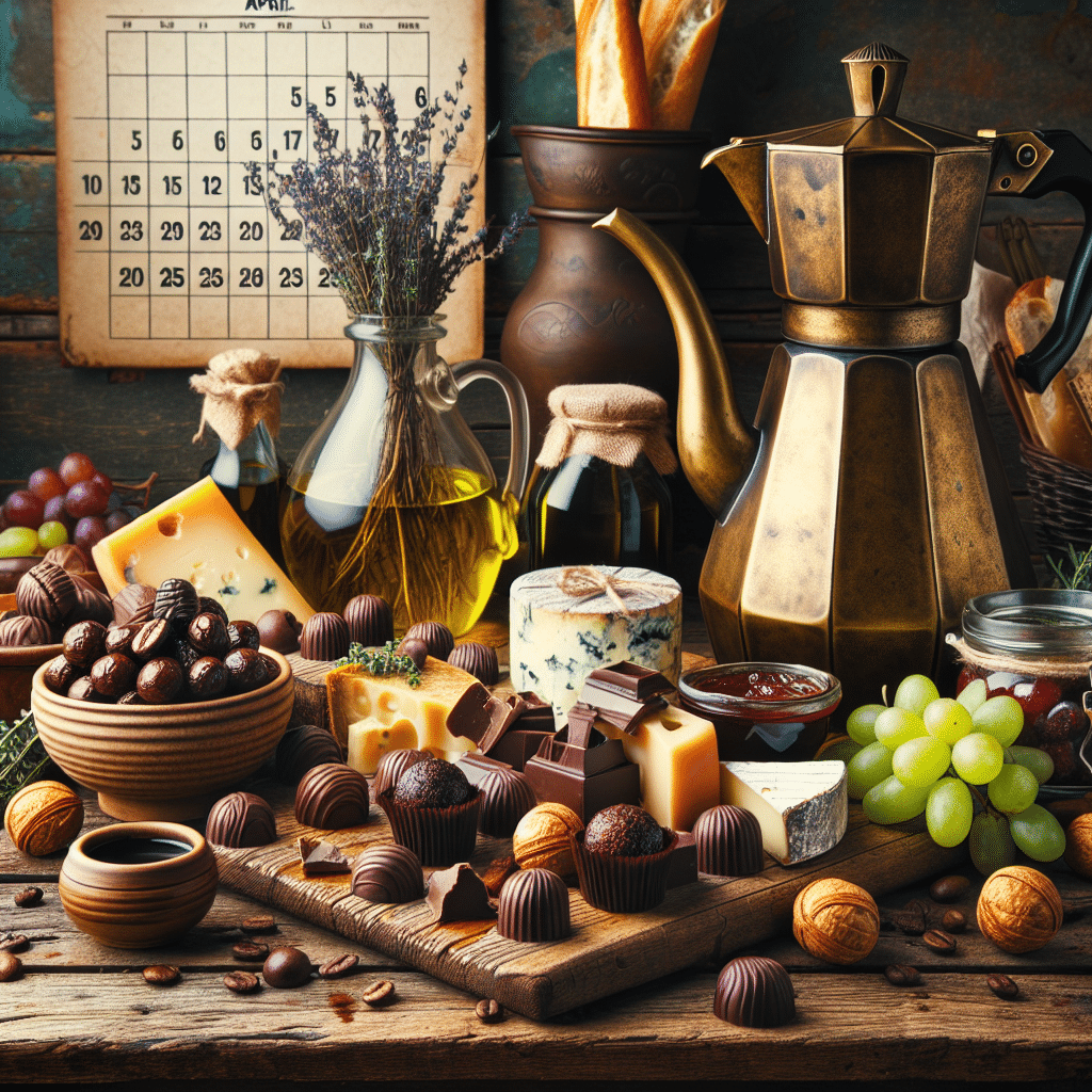 An array of gourmet gifts, including freshly brewed coffee spilling from a vintage bronze coffee pot, a collection of artisanal chocolate truffles scattered on a rustic wooden table, an olive oil bottle filled with golden liquid standing next to a bunch of fresh herbs, and a gourmet cheese platter featuring a variety of artisanal cheeses, together with a spread of homemade jams and jellies, bunch of grapes and baguette slices. A calendar icon with an indication for the month of April hangs on the wall in the background.