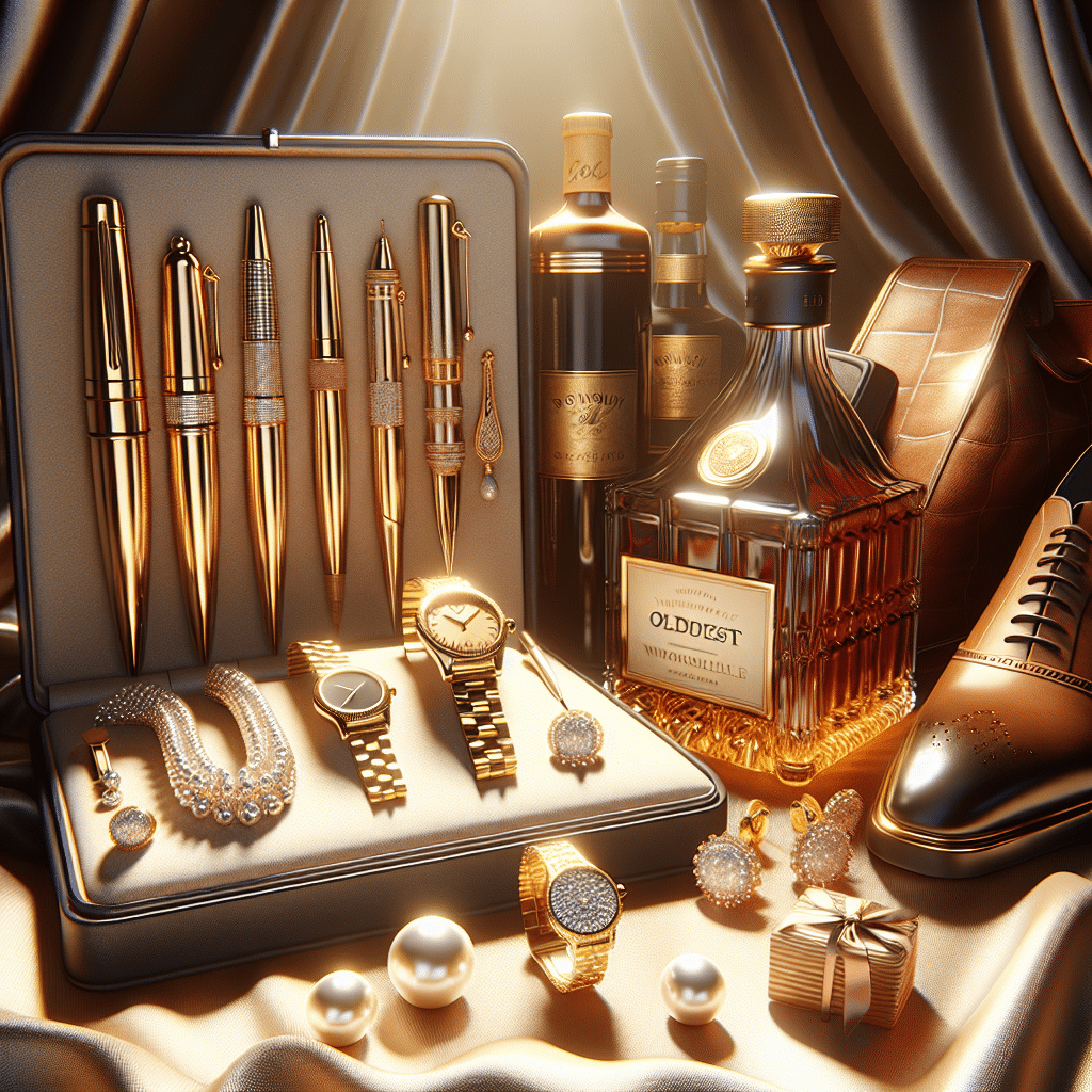 Imagine a series of high-end luxury items making a welcoming display. A collection of items should be represented, such as a gold plated fountain pen set without brand names or logos, a shiny diamond studded watch missing any identifiers, a pair of elegant pearl earrings, an exquisite bottle of oldest whiskey, and a pair of glossy leather shoes, all delicately arranged. On a backdrop of silk, these items bask under soft, warm light, catching eyes with their allure. This virtual exclusive store stuff radiates opulence and elegance.