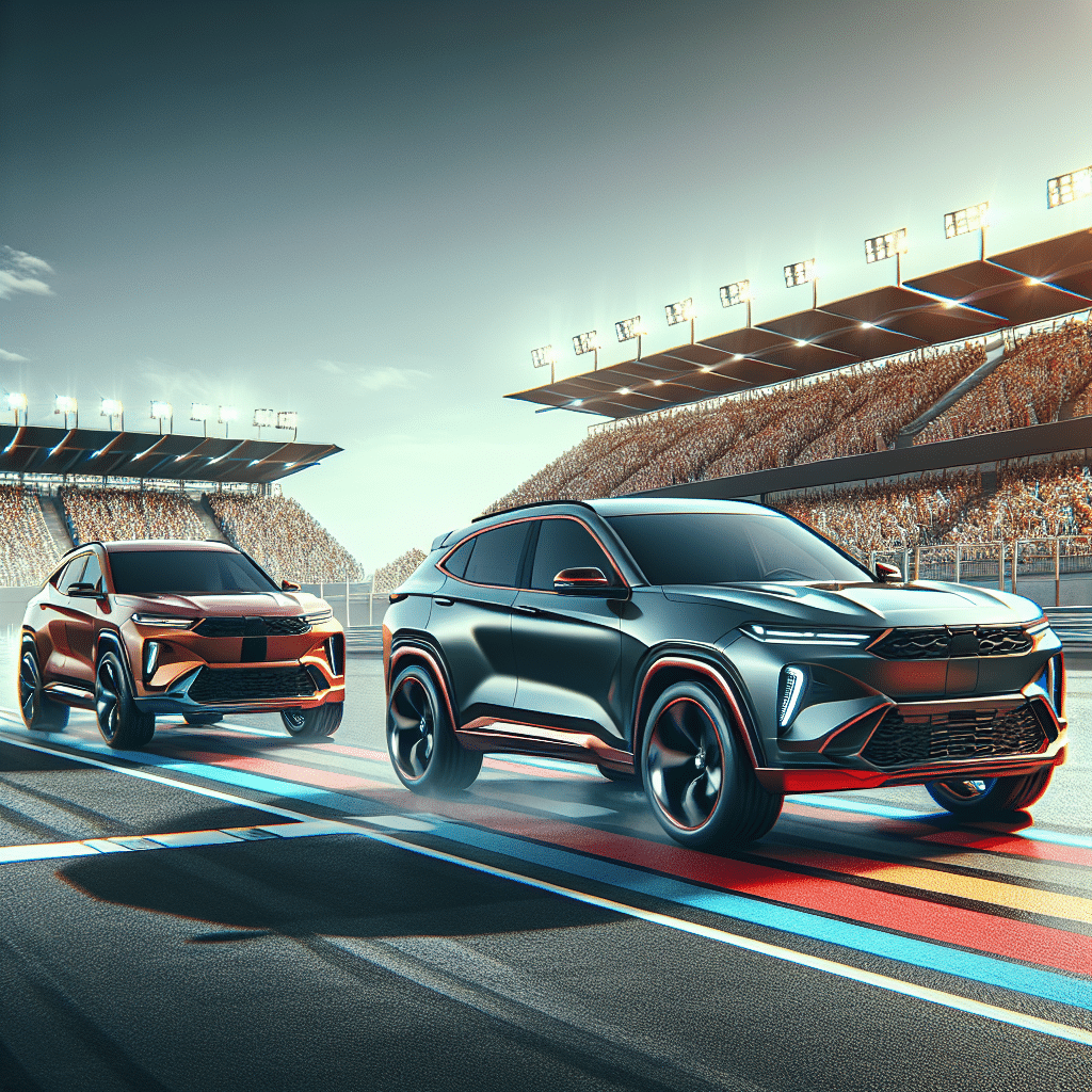 Visualize two generic mid-size SUV crossover vehicles in contrasting colors, side by side on a race track. The vehicle on the left should have a sleek, sporty design, while the one on the right should have a more upright, rugged look. Both vehicles should be shown in a dynamic position, indicating a race. In the background, there should be spectators in stands and large spotlights illuminating the scene. Remember not to include any brand names, logos or identifiable features, and the vehicles should be generic versions, not specific to any make or model. Create the image in a realistic style.