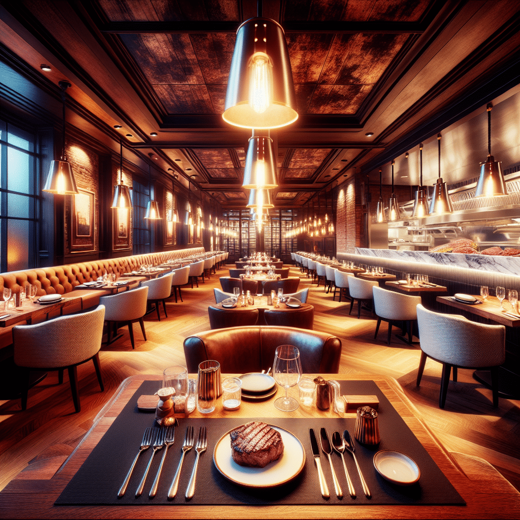 An enticing image depicting the ambience of a top steakhouse in Columbia, Missouri without any text or individuals. The view should include the inner dining area with polished wooden tables set with cutlery and plates, soft ambient lighting casting a warm glow over the space, and a glimpse of a modern kitchen with stainless steel appliances suggesting the presence of delicious steaks. The meat itself should be absent, leaving it to the viewer's imagination. Ensure there are no brand names or logos in any part of the scene.