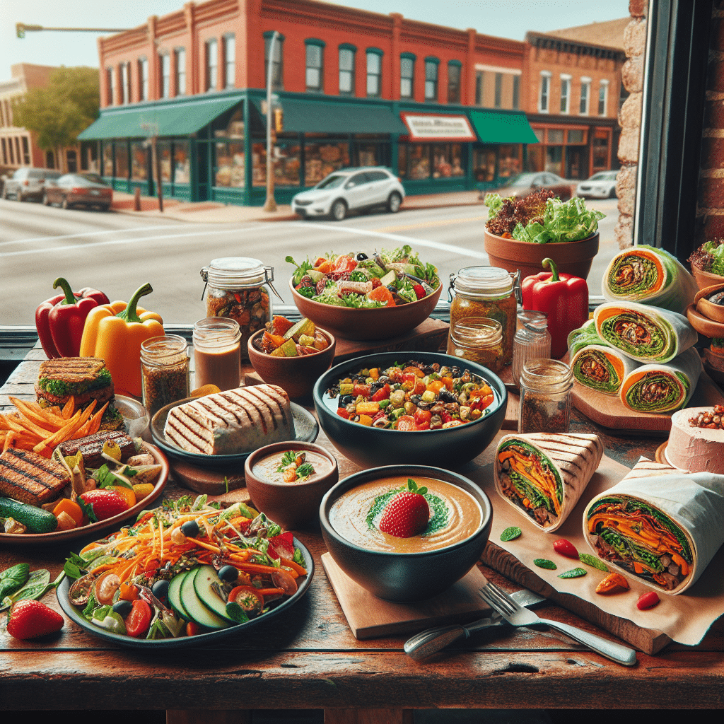 Vibrant array of delicious vegan food spread laid out on a rustic wooden table, including a colorful salad with various vegetables, a mouth-watering wrap filled with grilled vegetables and vegan protein, a bowl of comforting vegetable soup, and a decadent vegan dessert such as a strawberry cheesecake. There are no people in the scene. Behind the table, a window reveals a typical Columbia, Missouri street view in the daytime without revealing any brand names or logos.