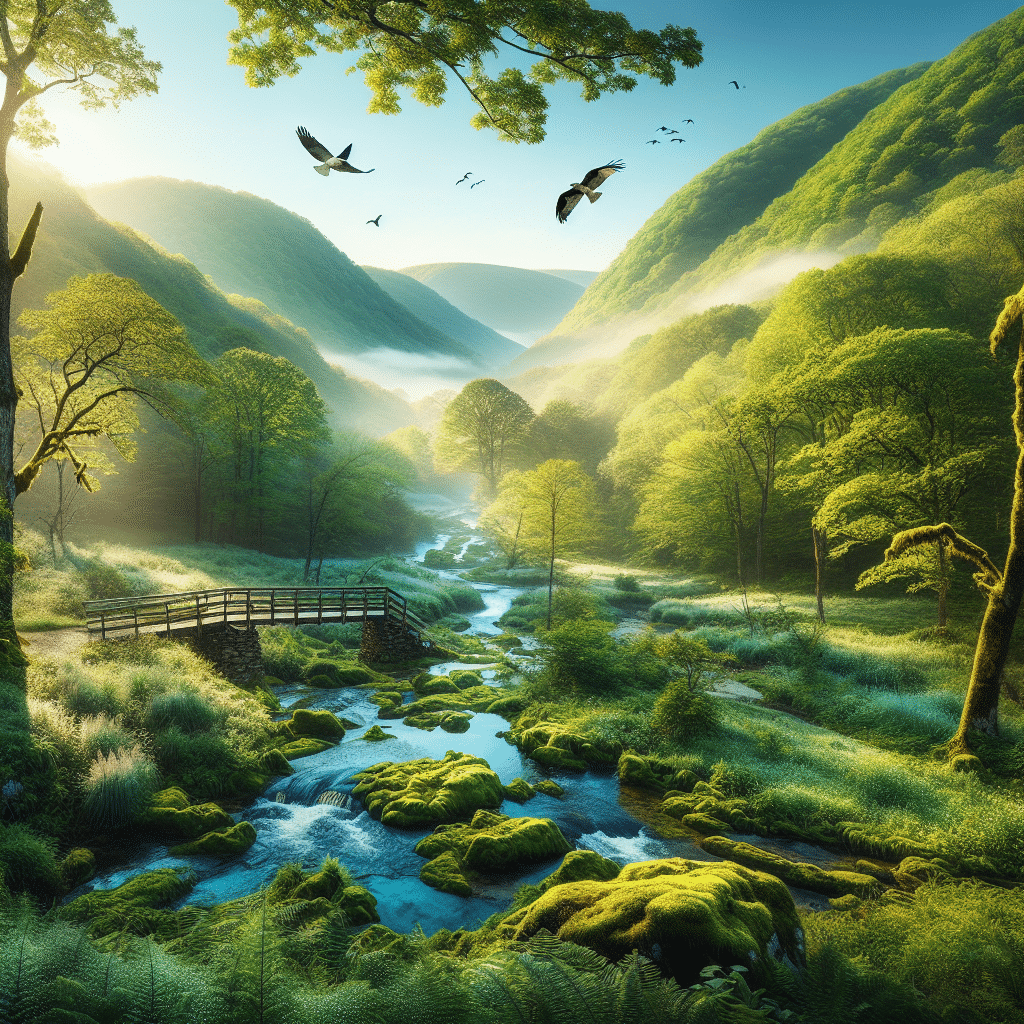 A serene panorama of captivating hiking trails near Columbia, Missouri. Depict verdant and rolling hills, lush woods brimming with mossy trees and a beautifully clear stream weaving through the landscape. No human presence, no text nor brand names. Morning sunshine casts a gentle glow over the scene, making the dew-kissed leaves sparkle. A wooden footbridge spans the stream, inviting unseen explorers to journey on. Breathtaking views give a sense of peace, ideal for a meditative trek for nature lovers. Ospreys circle in the azure sky above - a testimony to the region's thriving wildlife.